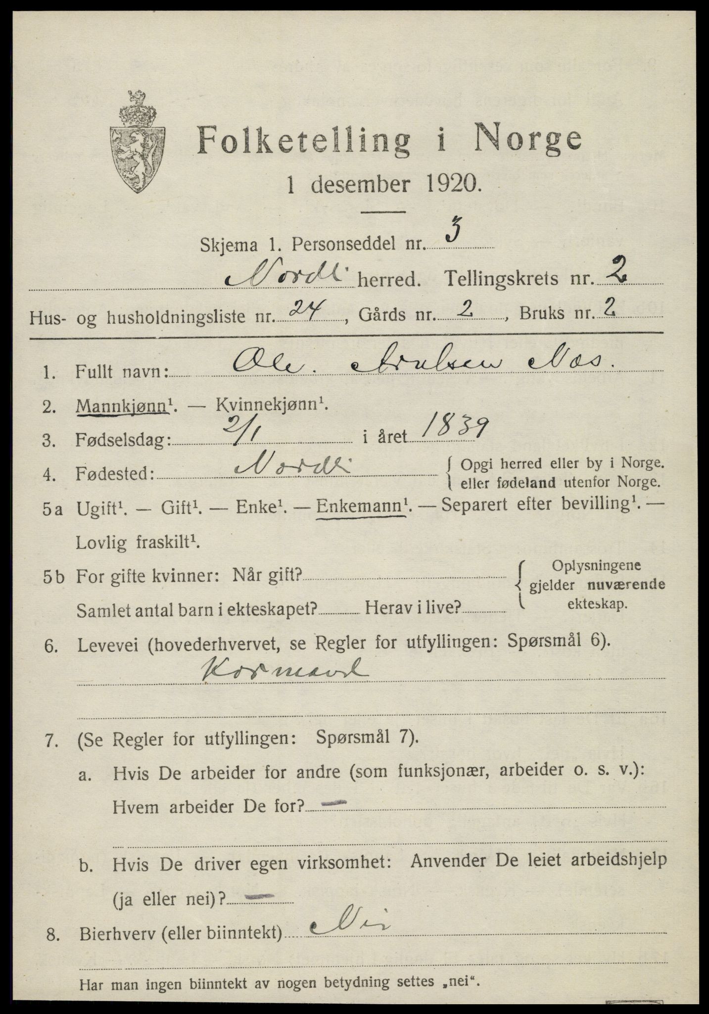 SAT, 1920 census for Nordli, 1920, p. 1105