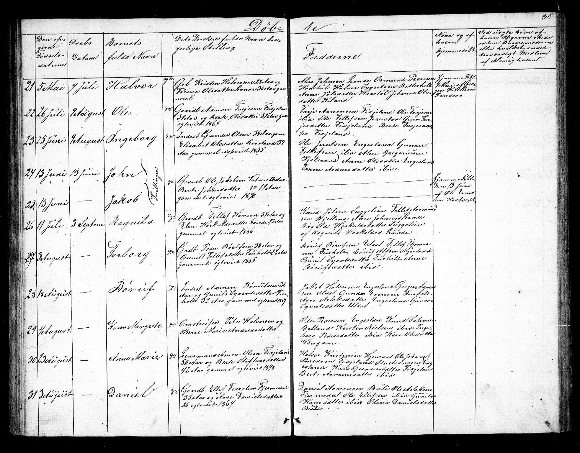 Herefoss sokneprestkontor, SAK/1111-0019/F/Fb/Fbb/L0001: Parish register (copy) no. B 1, 1849-1879, p. 38