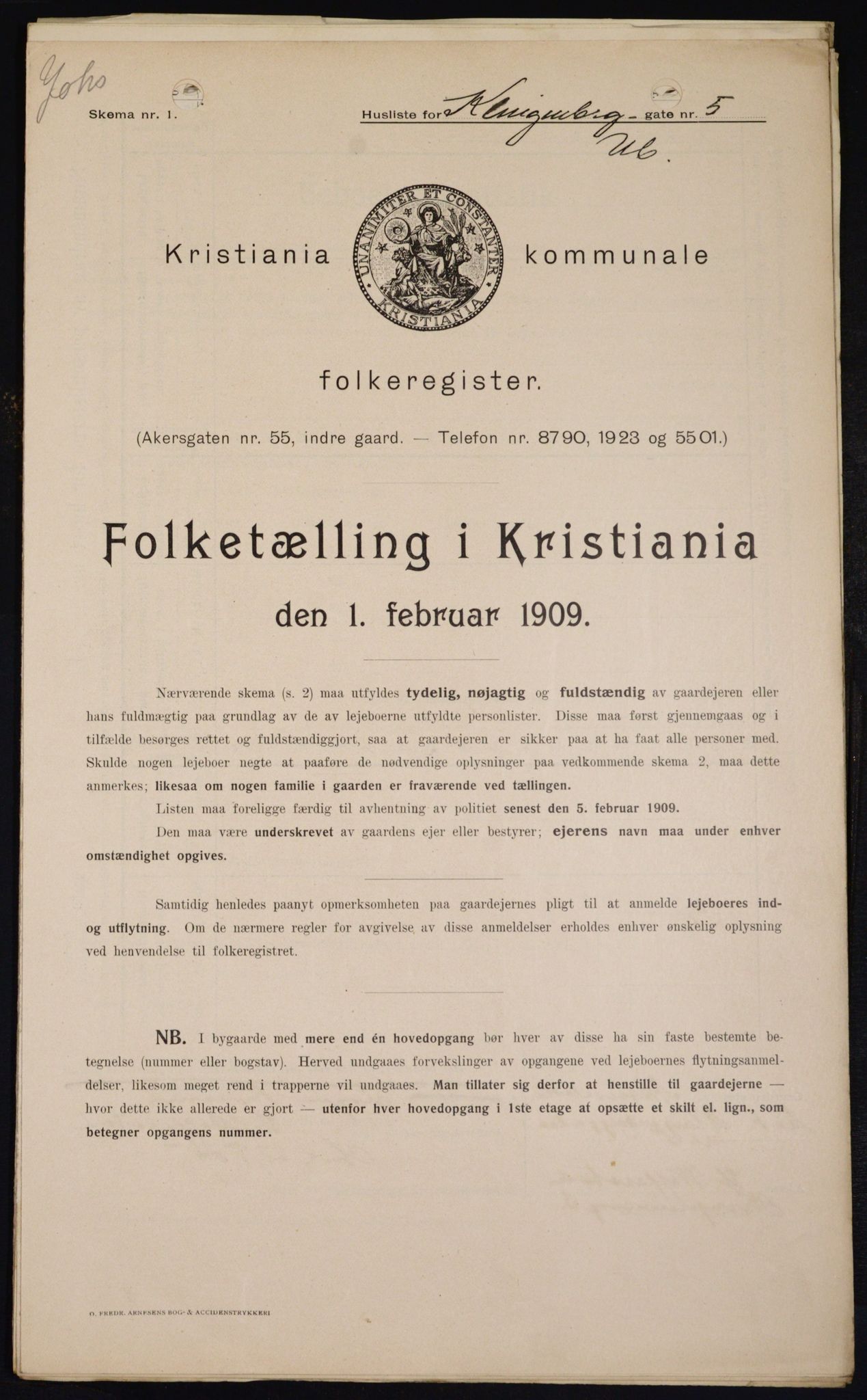 OBA, Municipal Census 1909 for Kristiania, 1909, p. 47555