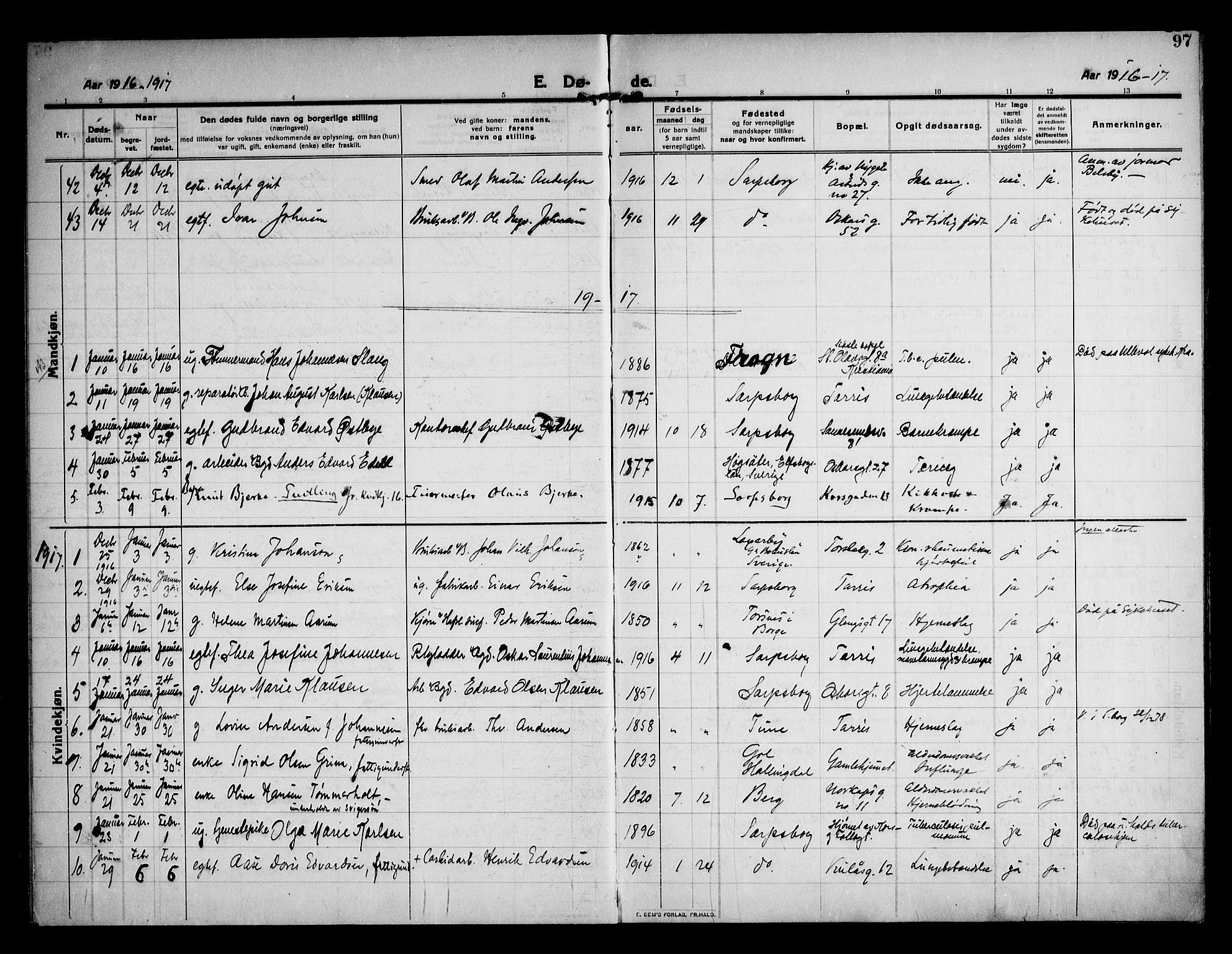 Sarpsborg prestekontor Kirkebøker, AV/SAO-A-2006/F/Fa/L0007: Parish register (official) no. 7, 1910-1918, p. 97