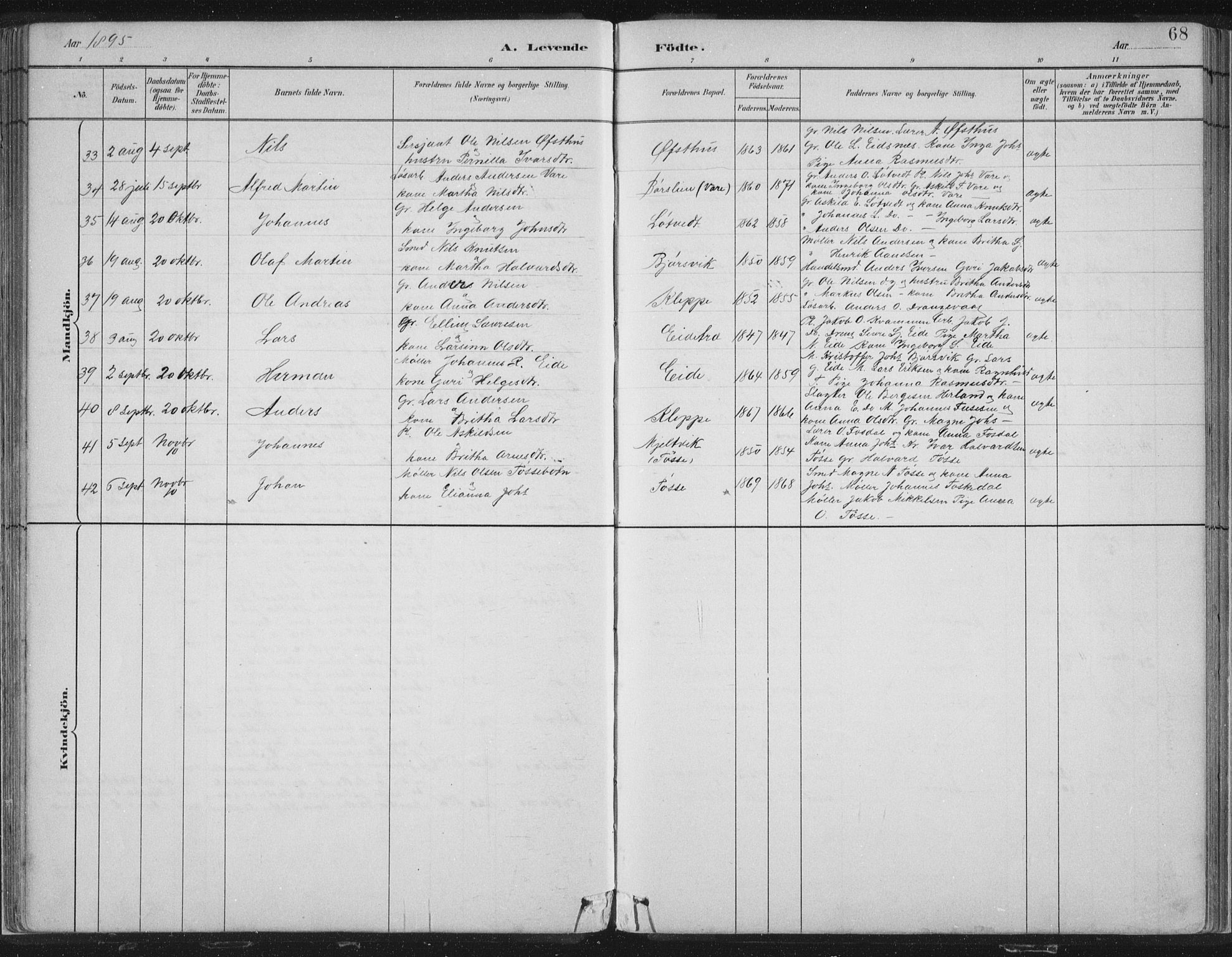 Hosanger sokneprestembete, AV/SAB-A-75801/H/Hab: Parish register (copy) no. A 3 I, 1882-1903, p. 68