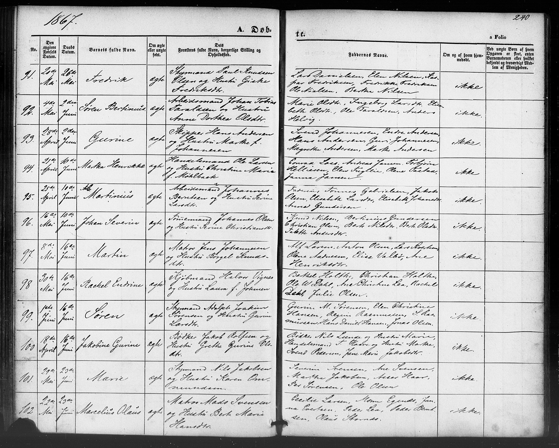 Domkirken sokneprestkontor, SAST/A-101812/001/30/30BB/L0012: Parish register (copy) no. B 12, 1860-1871, p. 240