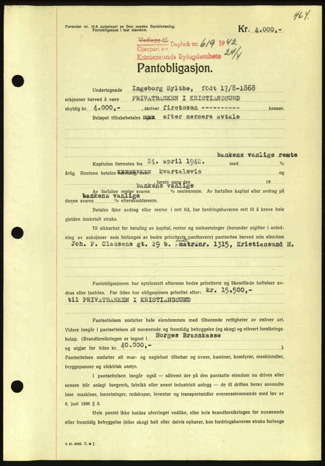 Kristiansund byfogd, AV/SAT-A-4587/A/27: Mortgage book no. 35, 1941-1942, Diary no: : 619/1942