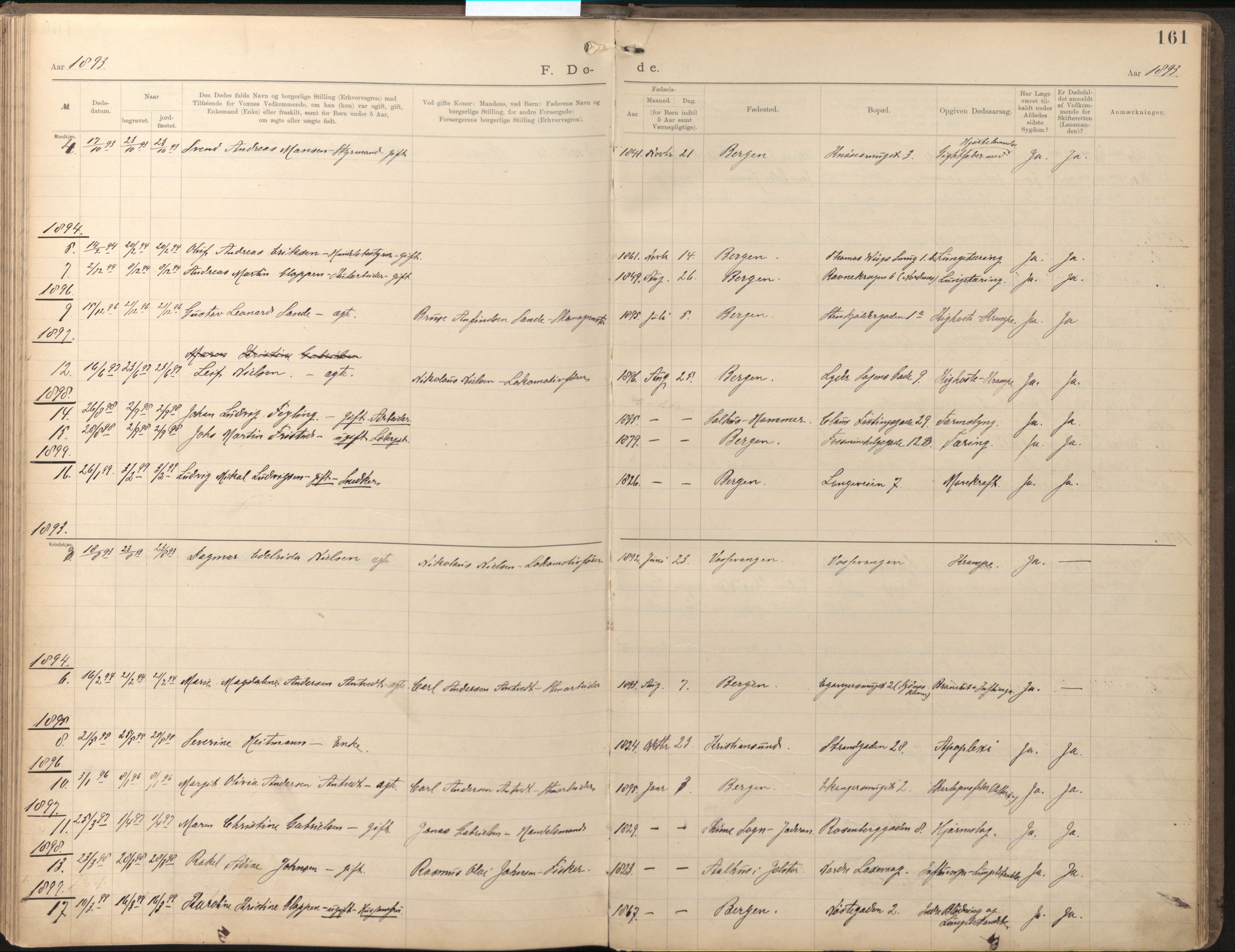 Den katolsk-apostoliske menighet, AV/SAB-SAB/PA-0331/F/L0001: Dissenter register no. 1, 1892-1946, p. 160b-161a