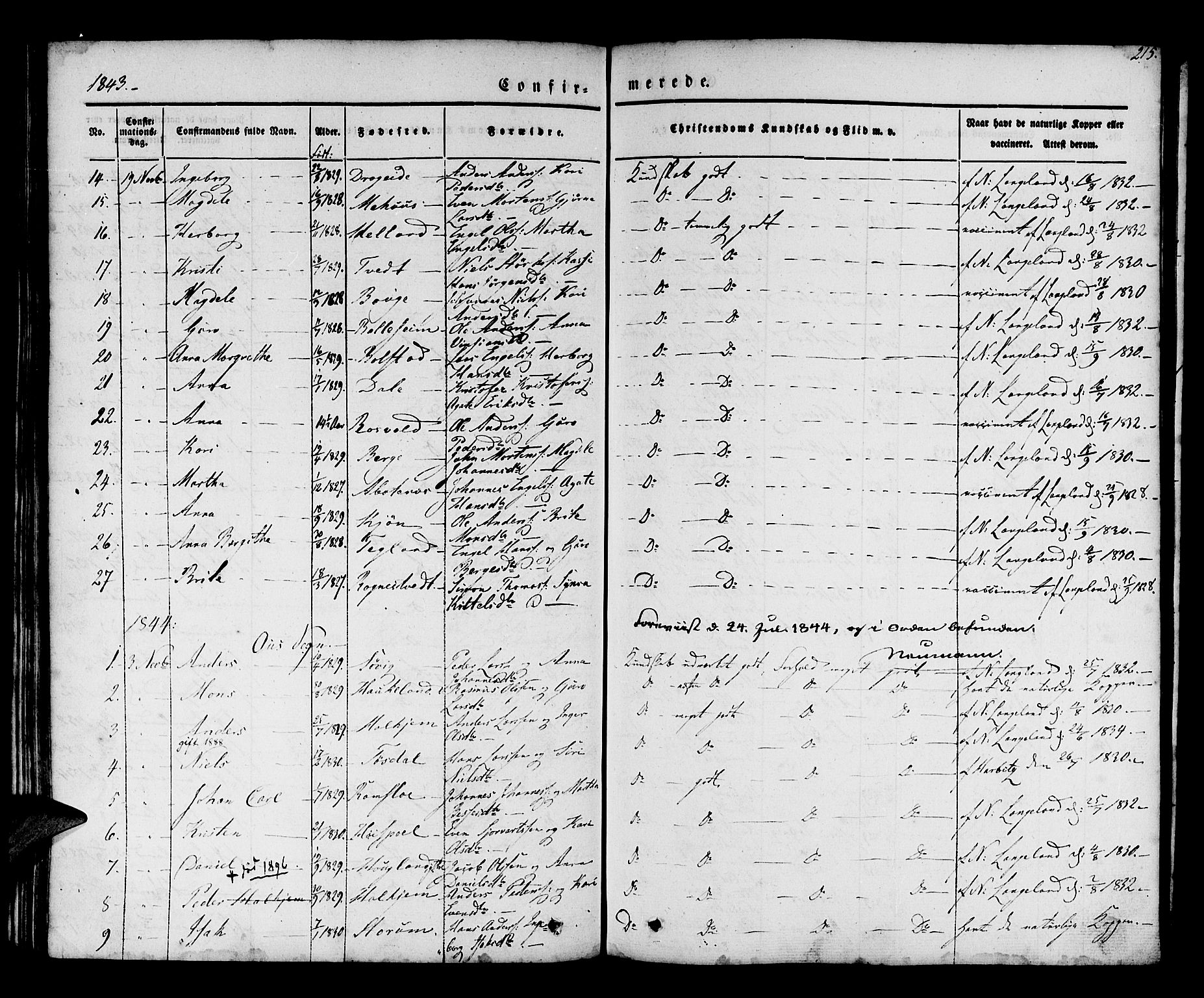 Os sokneprestembete, SAB/A-99929: Parish register (official) no. A 15, 1839-1851, p. 215