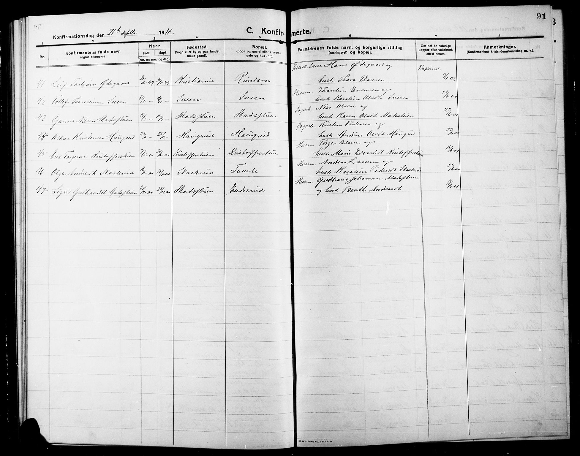 Søndre Land prestekontor, SAH/PREST-122/L/L0006: Parish register (copy) no. 6, 1912-1925, p. 91