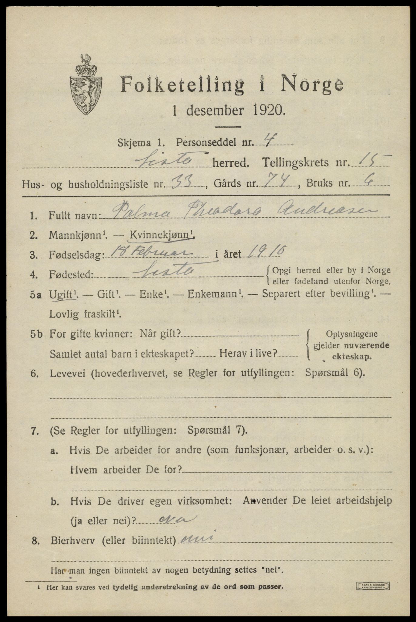 SAK, 1920 census for Lista, 1920, p. 12873