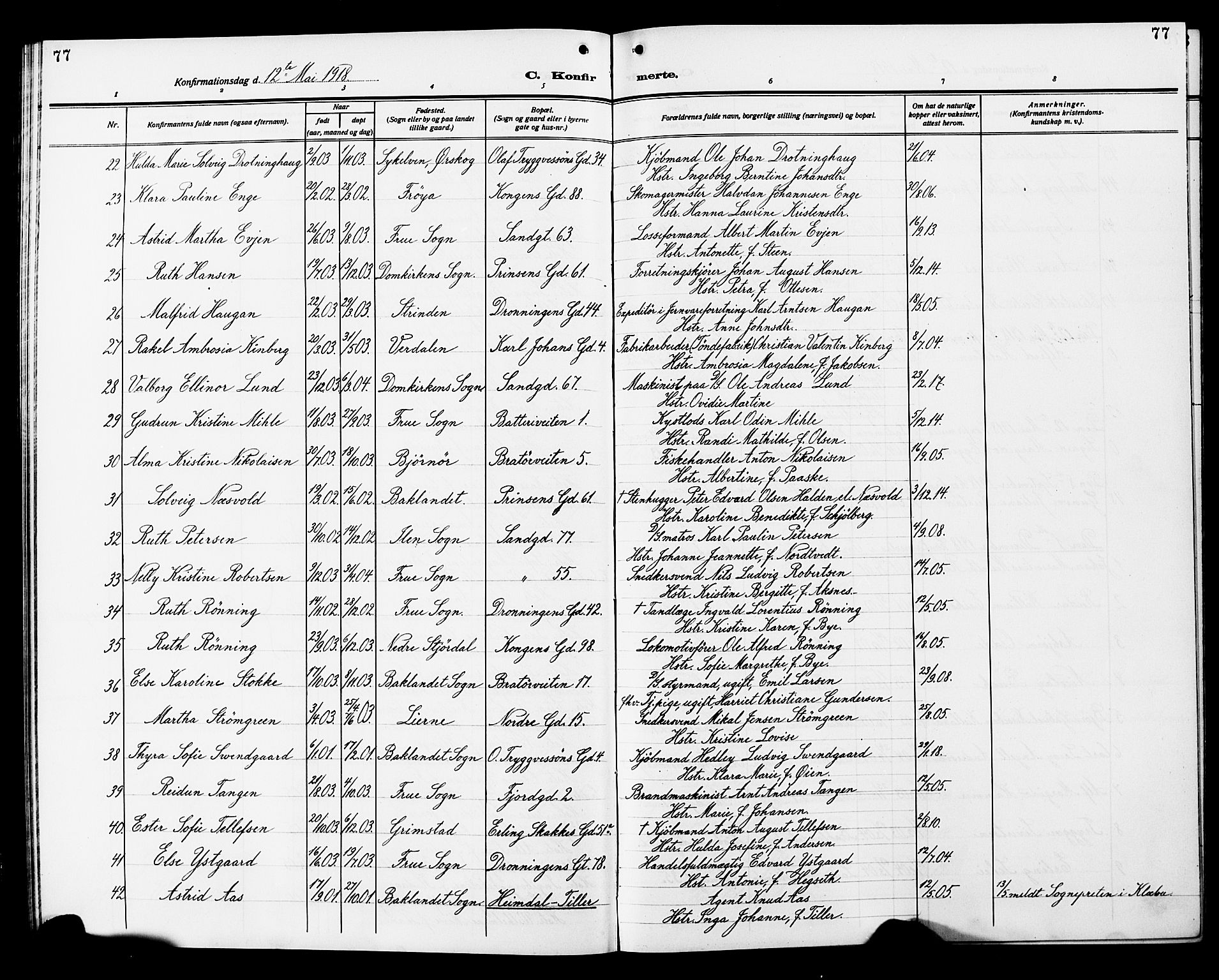 Ministerialprotokoller, klokkerbøker og fødselsregistre - Sør-Trøndelag, AV/SAT-A-1456/602/L0147: Parish register (copy) no. 602C15, 1911-1924, p. 77
