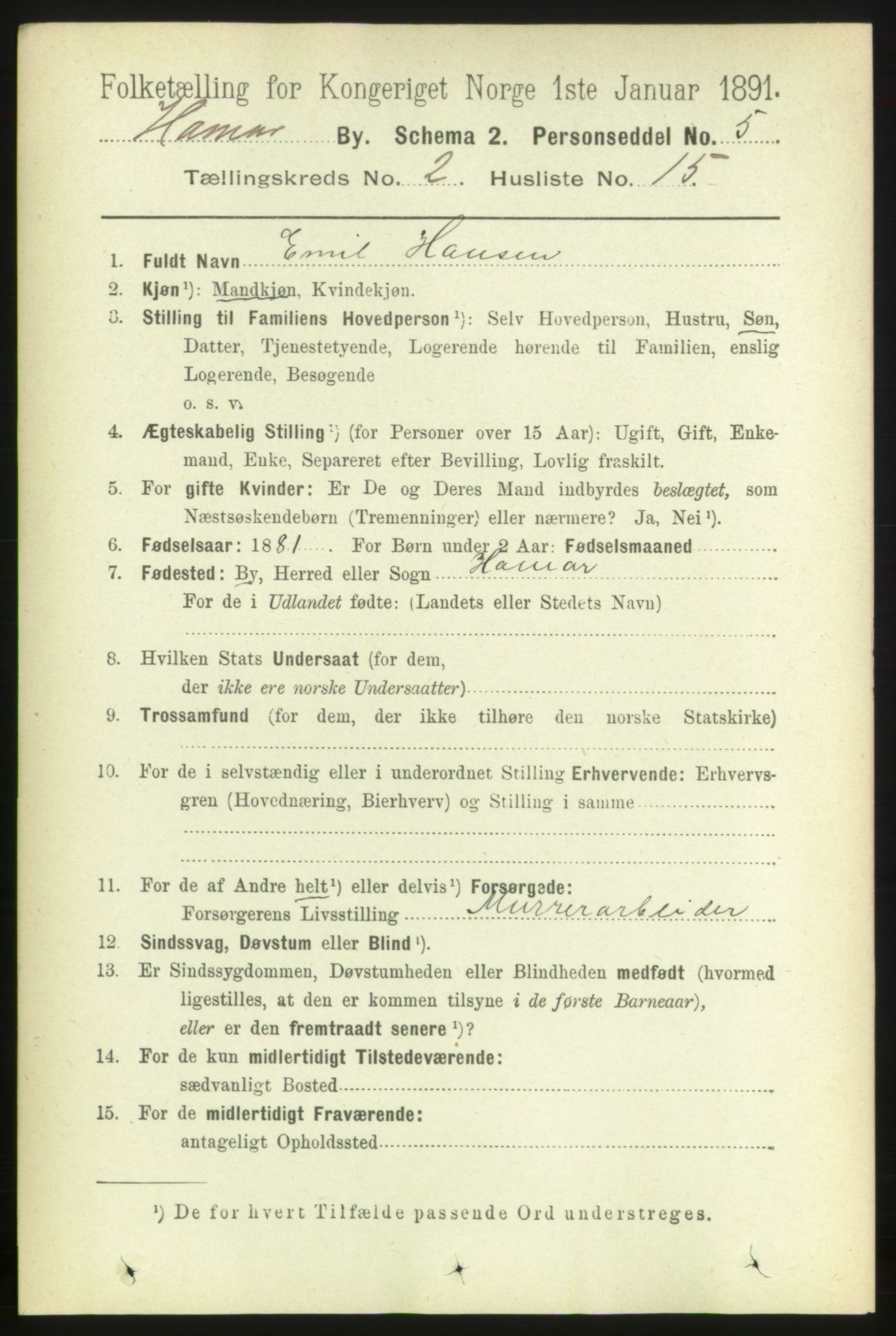 RA, 1891 census for 0401 Hamar, 1891, p. 1194