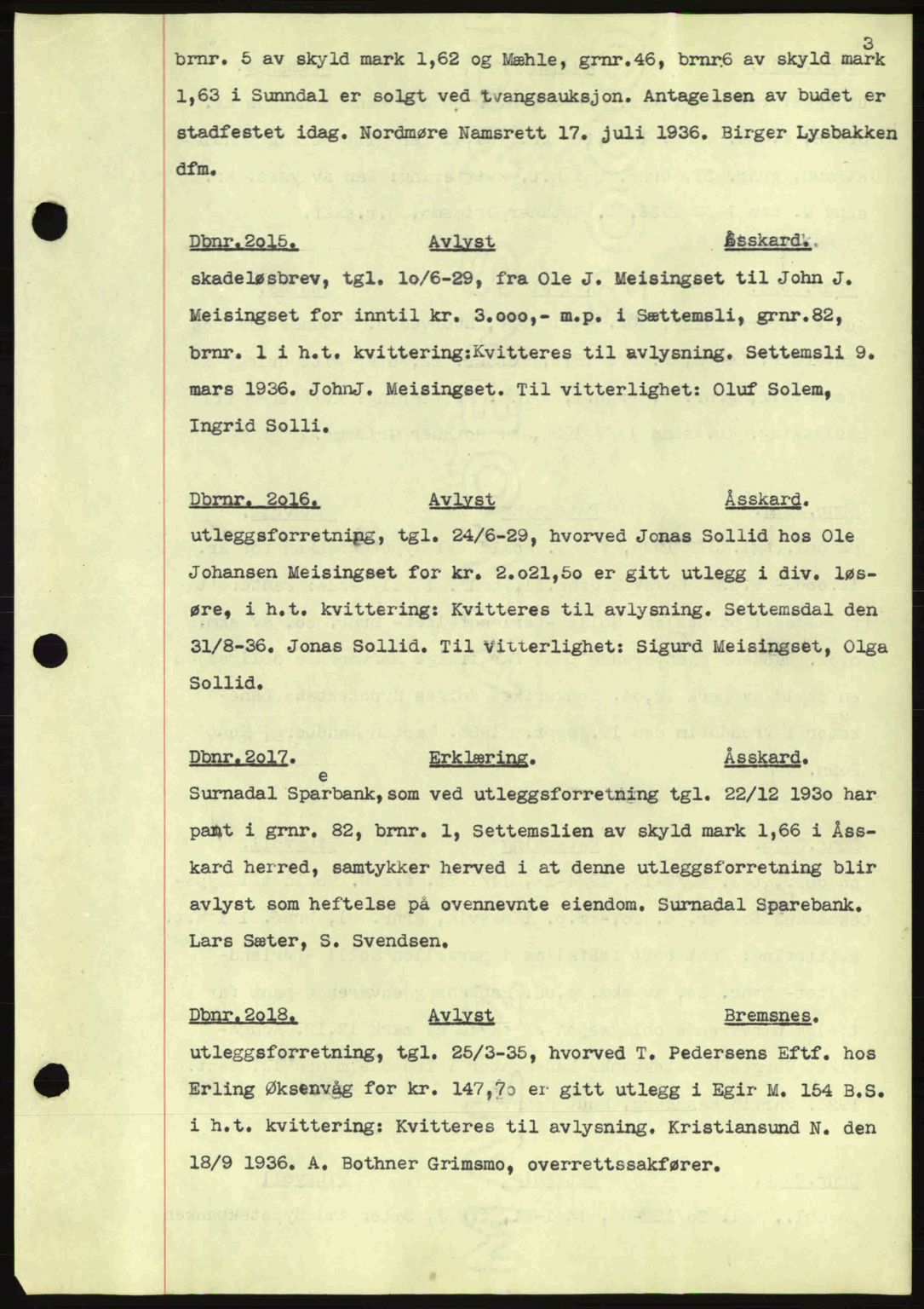 Nordmøre sorenskriveri, AV/SAT-A-4132/1/2/2Ca: Mortgage book no. C80, 1936-1939, Diary no: : 2015/1936