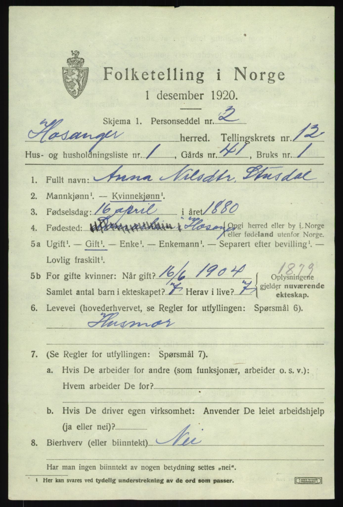 SAB, 1920 census for Hosanger, 1920, p. 4893