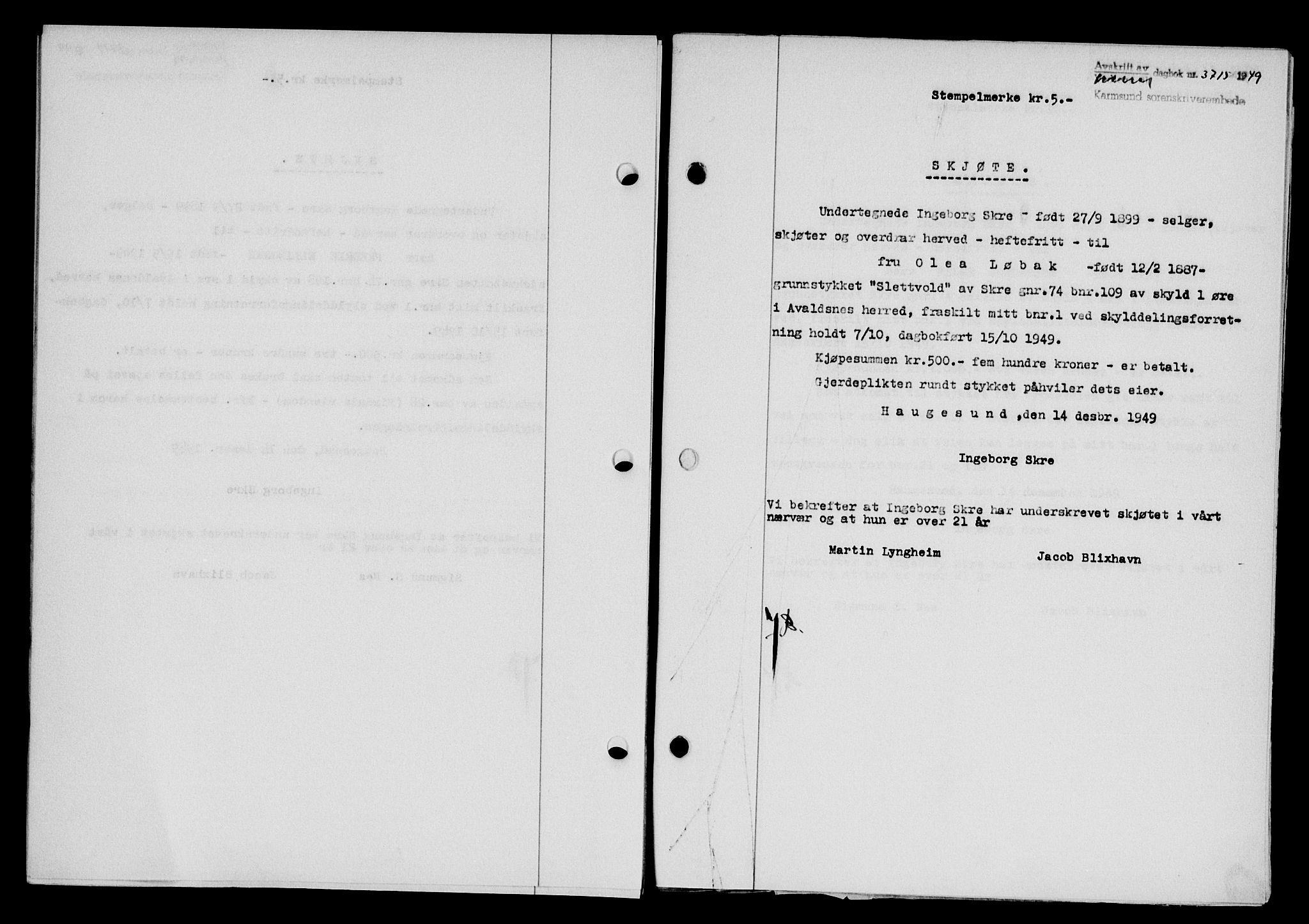 Karmsund sorenskriveri, SAST/A-100311/01/II/IIB/L0098: Mortgage book no. 78A, 1949-1950, Diary no: : 3715/1949