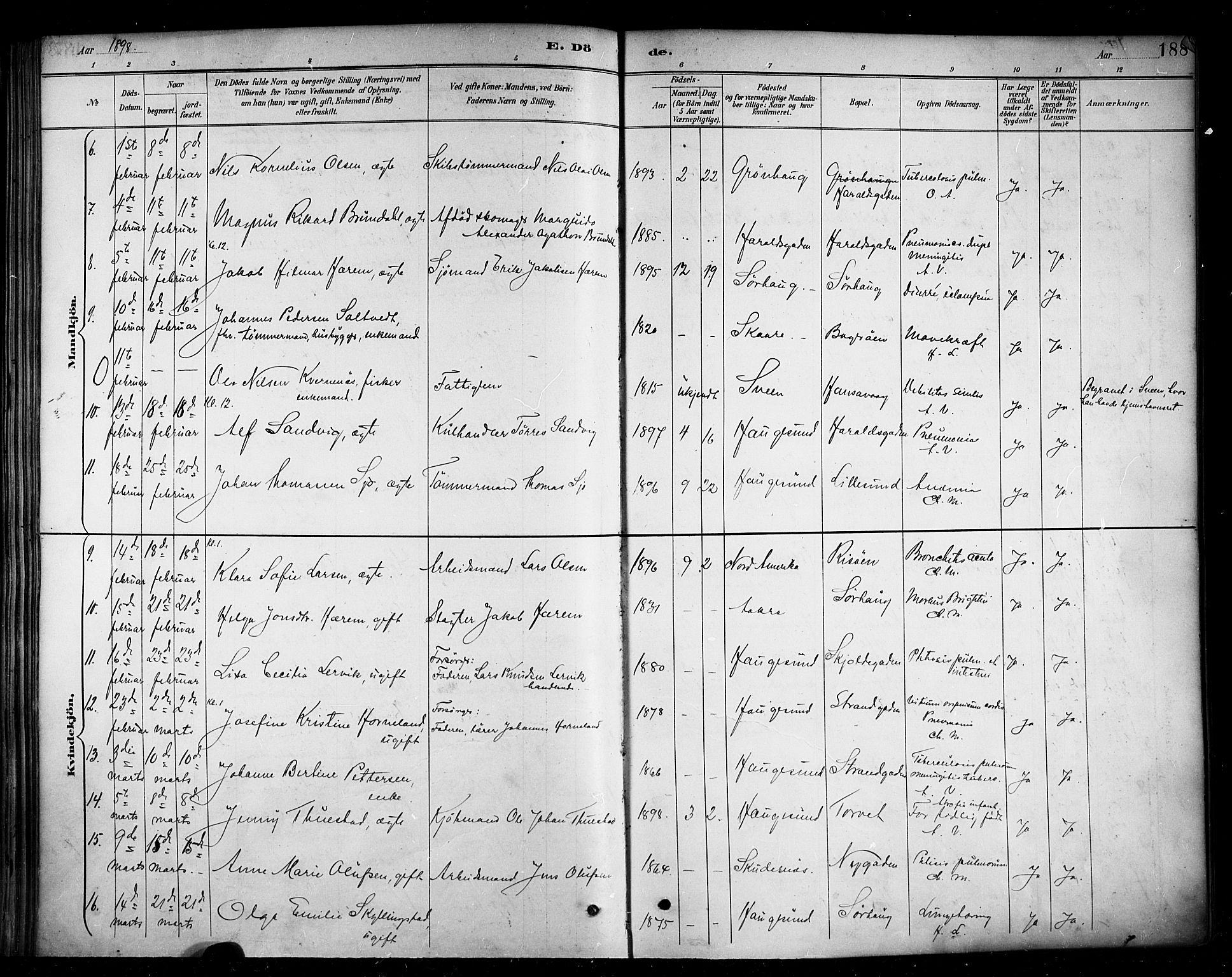 Haugesund sokneprestkontor, AV/SAST-A -101863/H/Ha/Haa/L0005: Parish register (official) no. A 5, 1891-1903, p. 188