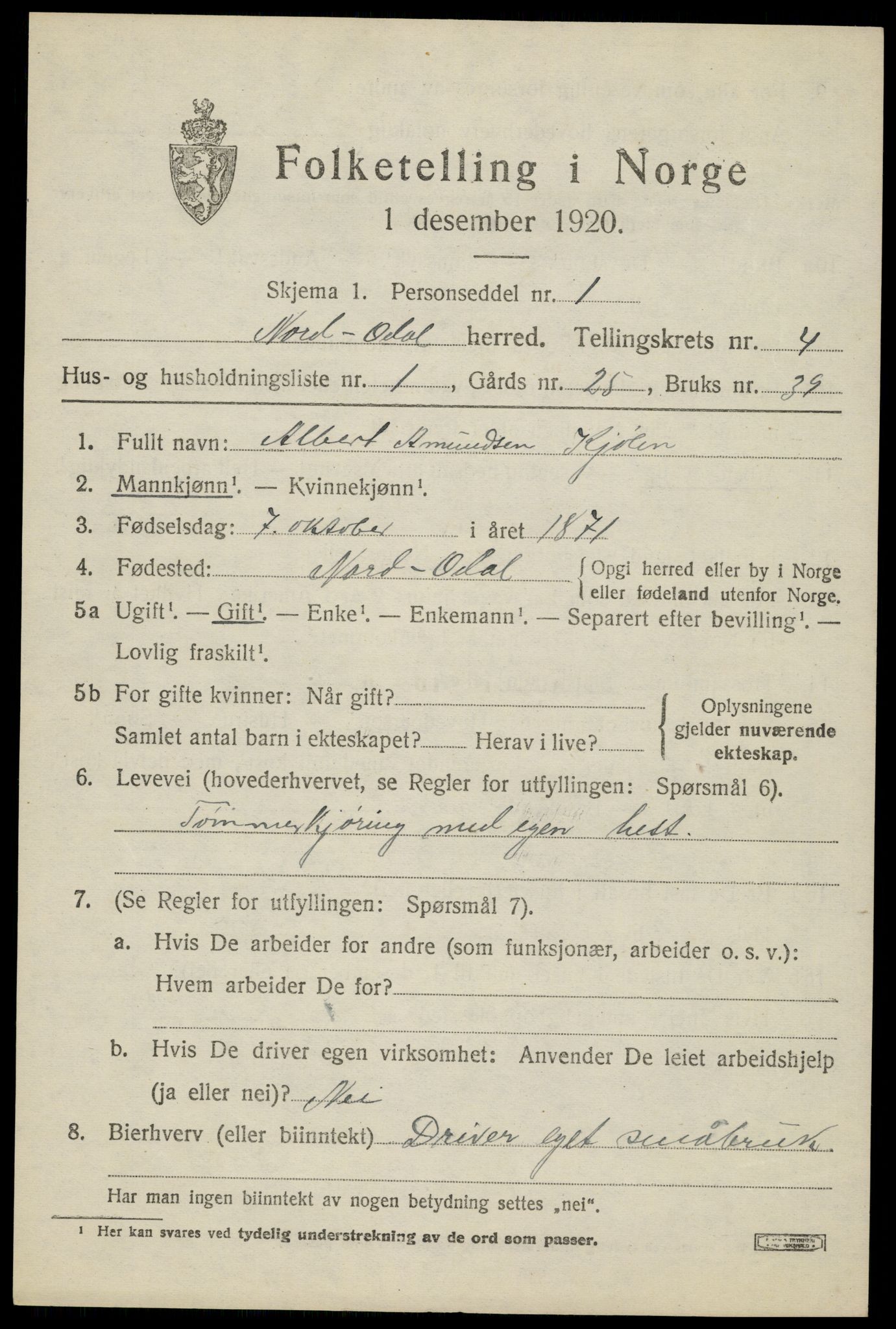 SAH, 1920 census for Nord-Odal, 1920, p. 4647