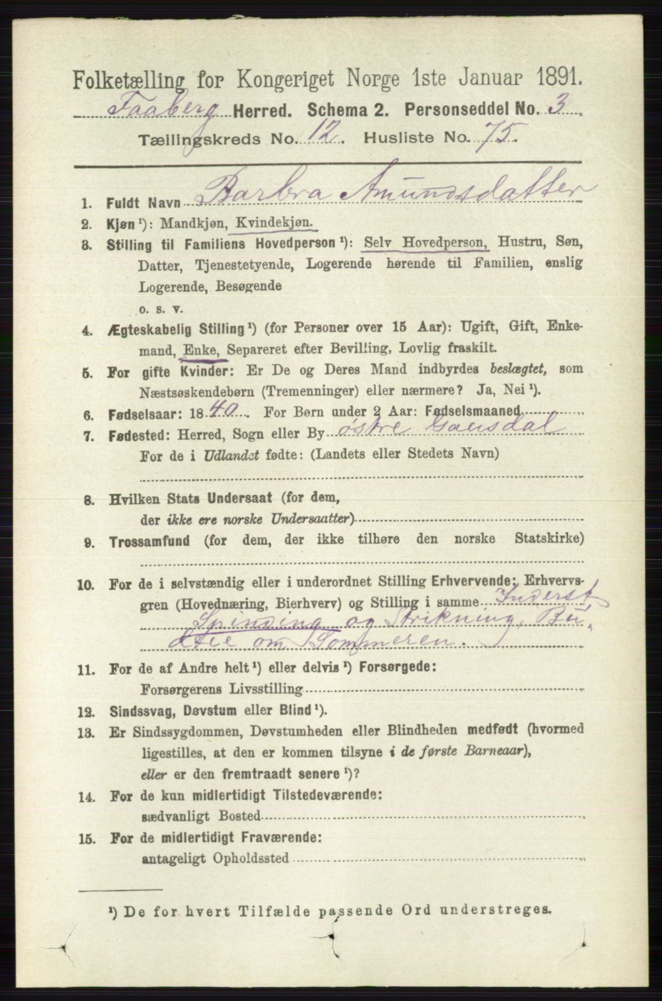 RA, 1891 census for 0524 Fåberg, 1891, p. 5164