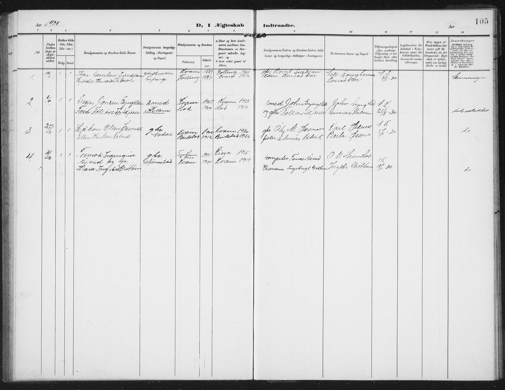Ministerialprotokoller, klokkerbøker og fødselsregistre - Nord-Trøndelag, SAT/A-1458/747/L0460: Parish register (copy) no. 747C02, 1908-1939, p. 105
