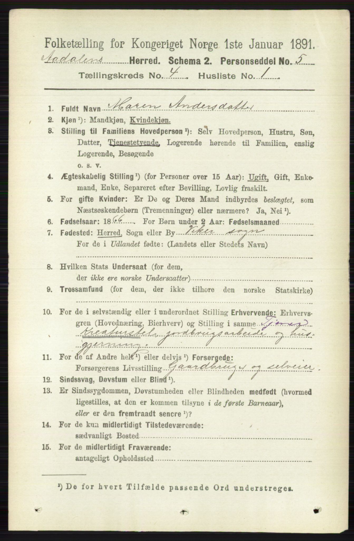 RA, 1891 census for 0614 Ådal, 1891, p. 1525