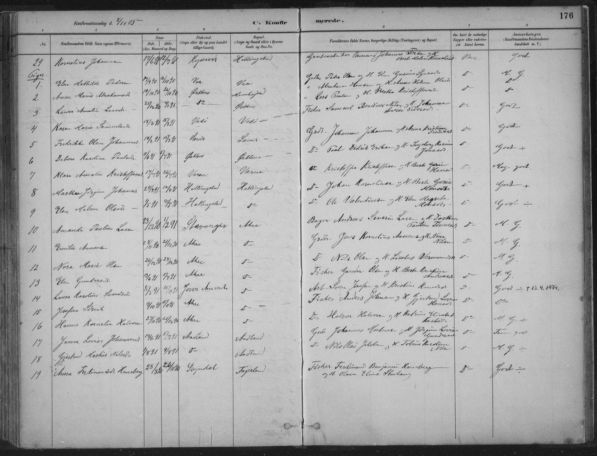 Kopervik sokneprestkontor, AV/SAST-A-101850/H/Ha/Haa/L0004: Parish register (official) no. A 4, 1882-1905, p. 176