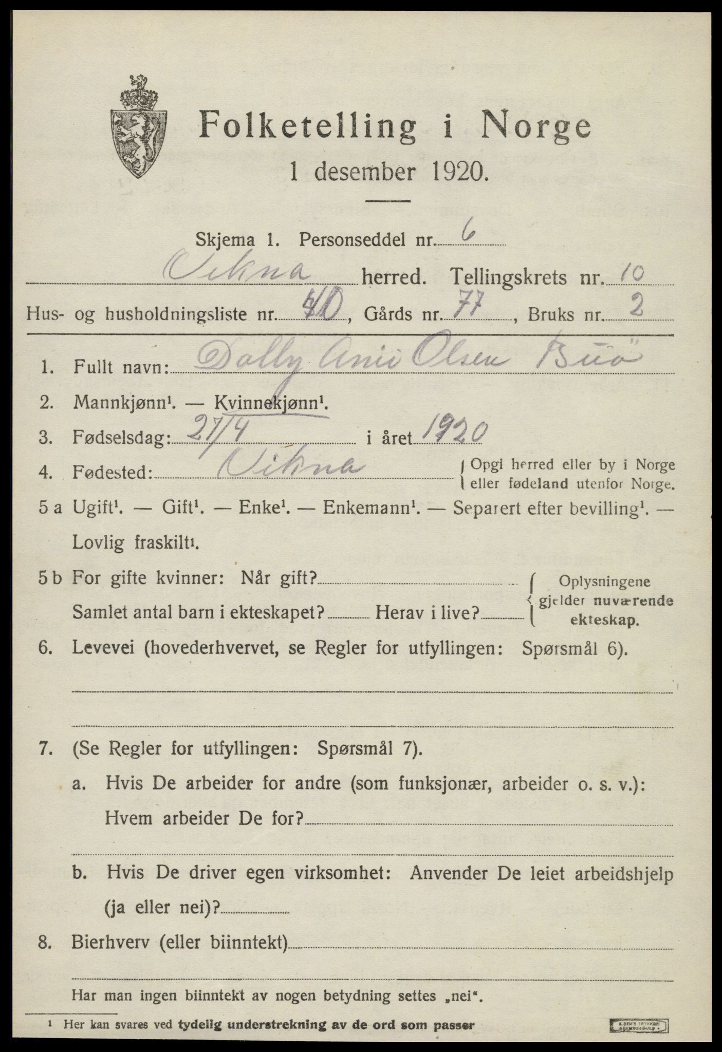 SAT, 1920 census for Vikna, 1920, p. 7297