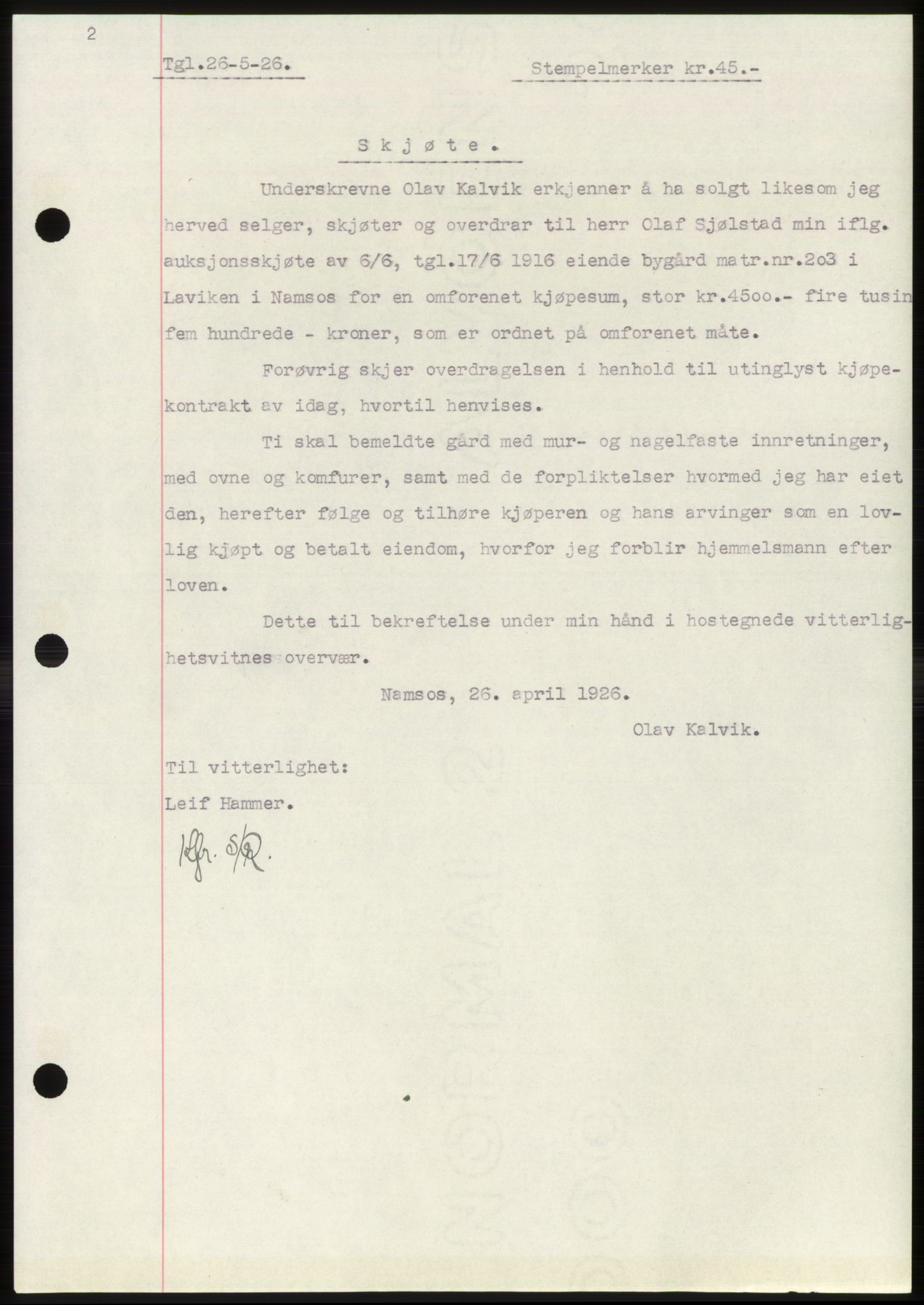 Namdal sorenskriveri, SAT/A-4133/1/2/2C: Mortgage book no. -, 1926-1930, Deed date: 26.05.1926