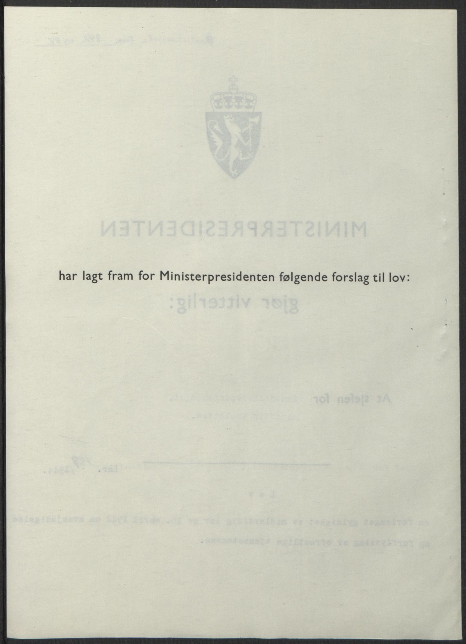 NS-administrasjonen 1940-1945 (Statsrådsekretariatet, de kommisariske statsråder mm), AV/RA-S-4279/D/Db/L0100: Lover, 1944, p. 675