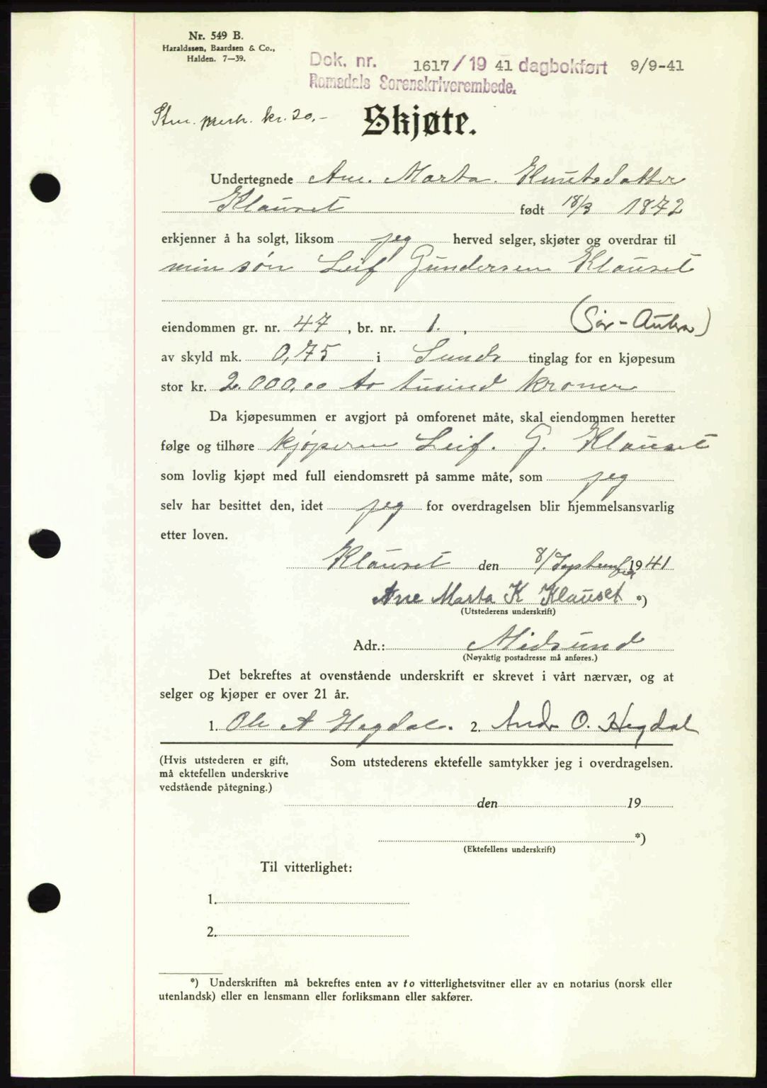 Romsdal sorenskriveri, AV/SAT-A-4149/1/2/2C: Mortgage book no. A10, 1941-1941, Diary no: : 1617/1941