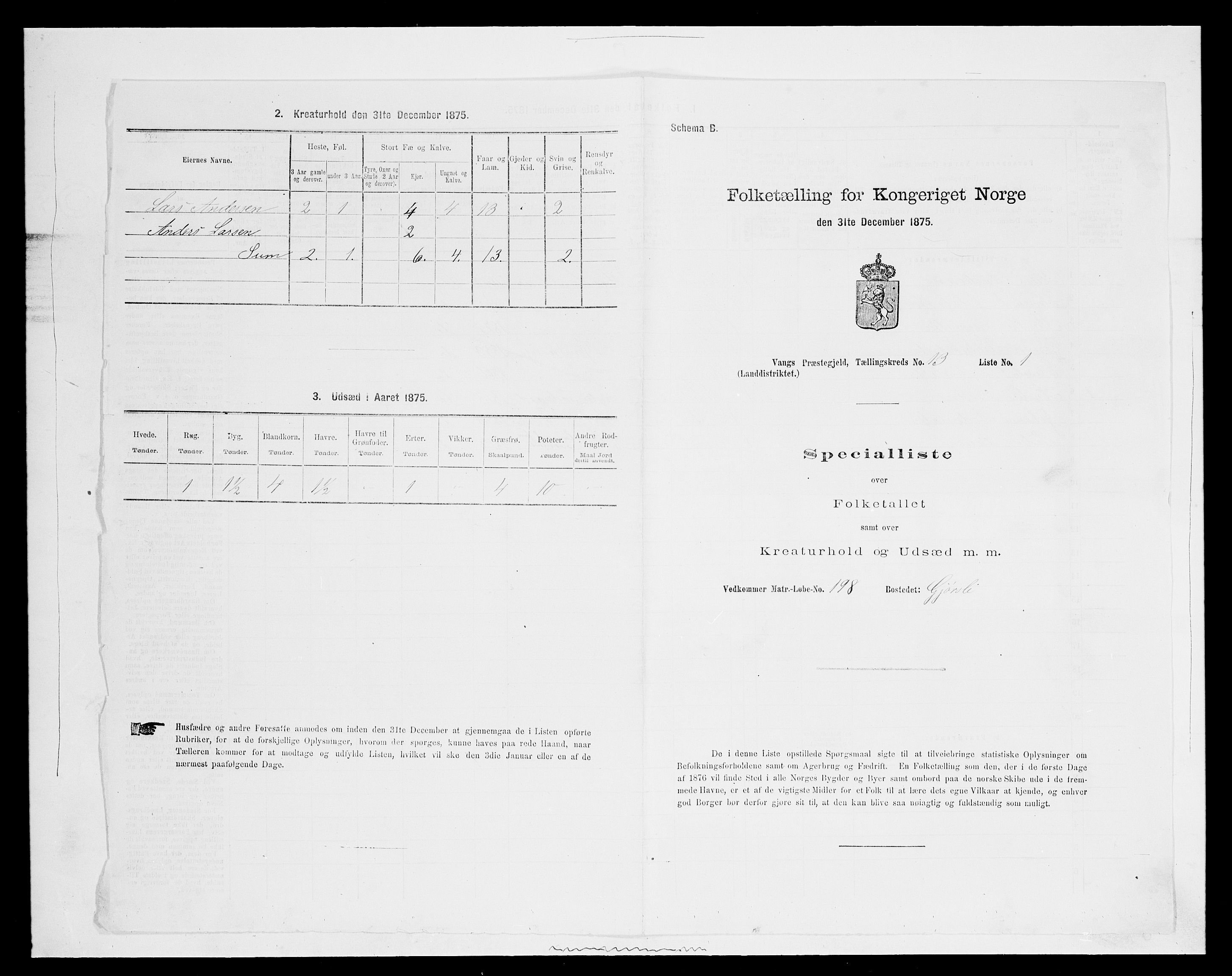 SAH, 1875 census for 0414L Vang/Vang og Furnes, 1875, p. 2831