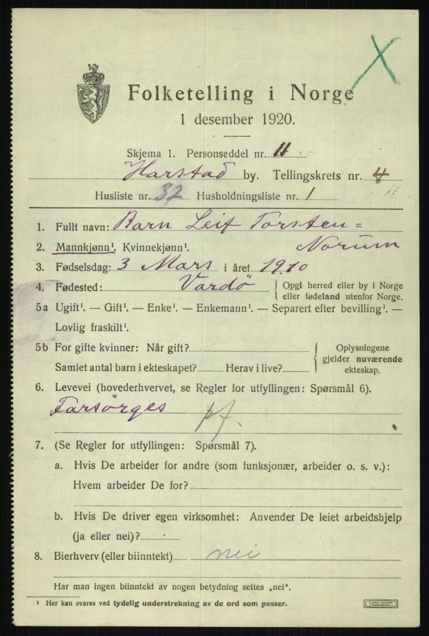 SATØ, 1920 census for Harstad, 1920, p. 5880