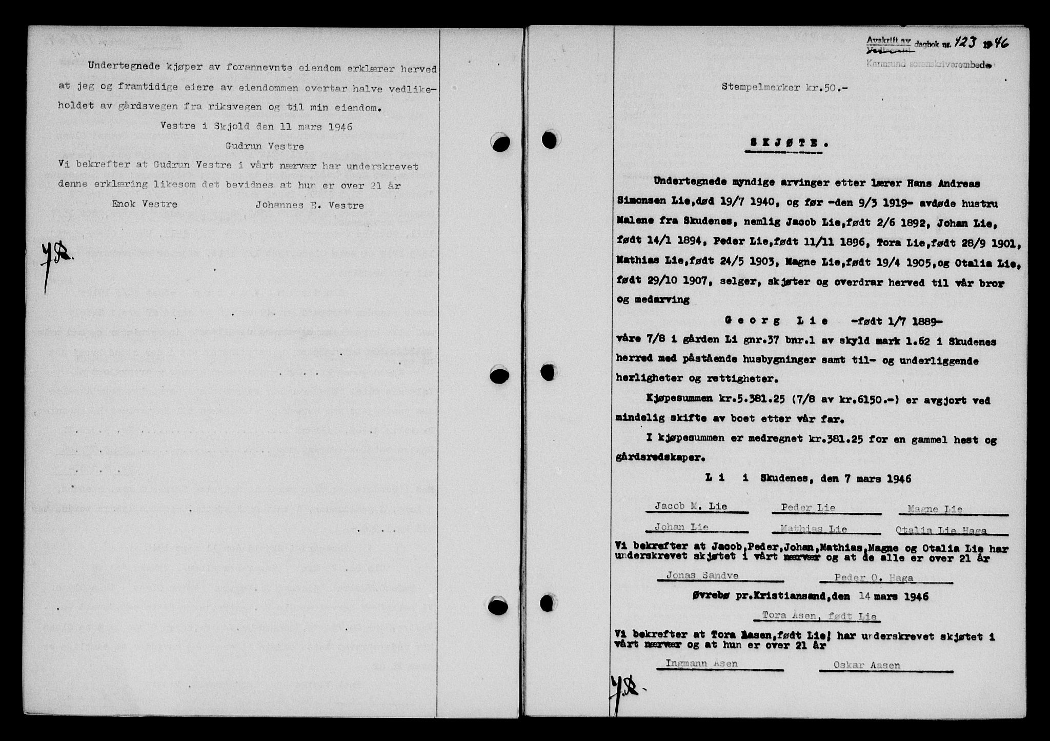 Karmsund sorenskriveri, AV/SAST-A-100311/01/II/IIB/L0085: Mortgage book no. 66A, 1946-1946, Diary no: : 423/1946