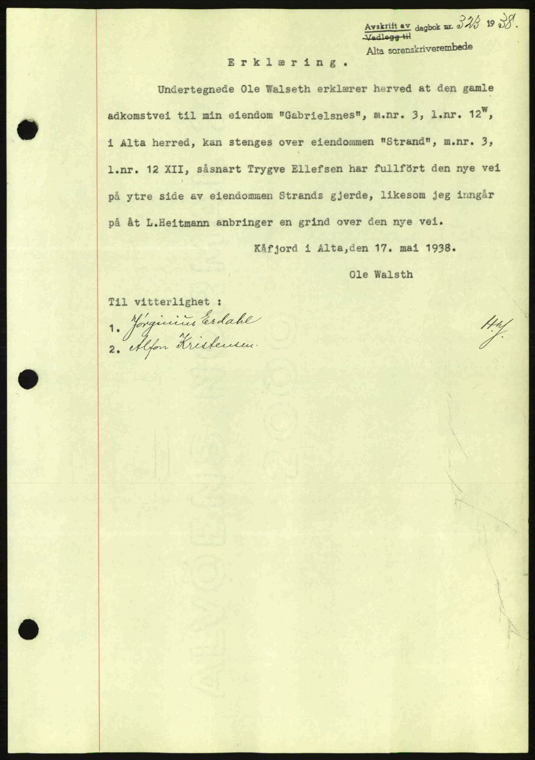 Alta fogderi/sorenskriveri, SATØ/SATØ-5/1/K/Kd/L0031pantebok: Mortgage book no. 31, 1938-1939, Diary no: : 323/1938