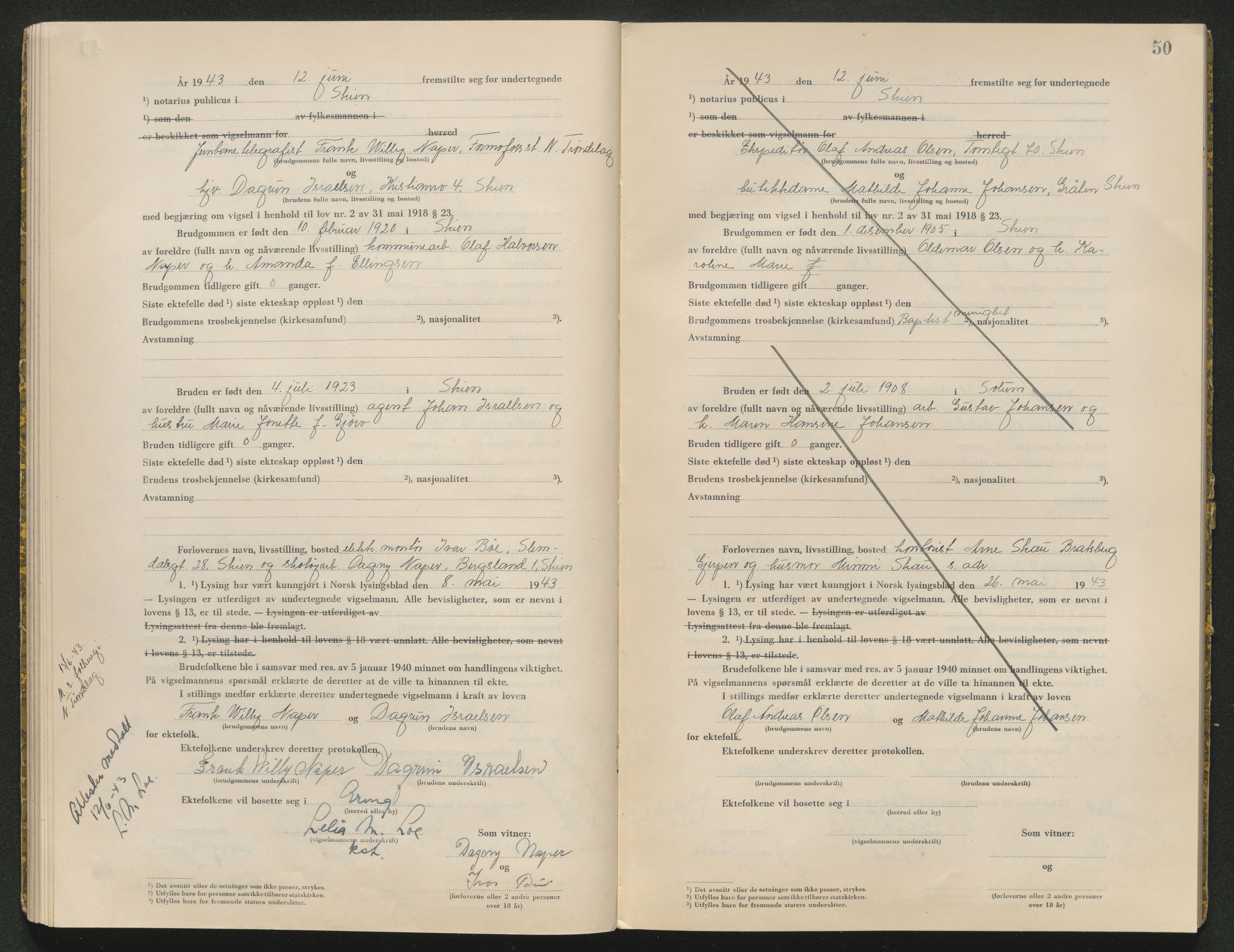 Skien sorenskriveri, AV/SAKO-A-225/L/La/L0001: Vigselsprotokoll, 1920-1947, p. 50