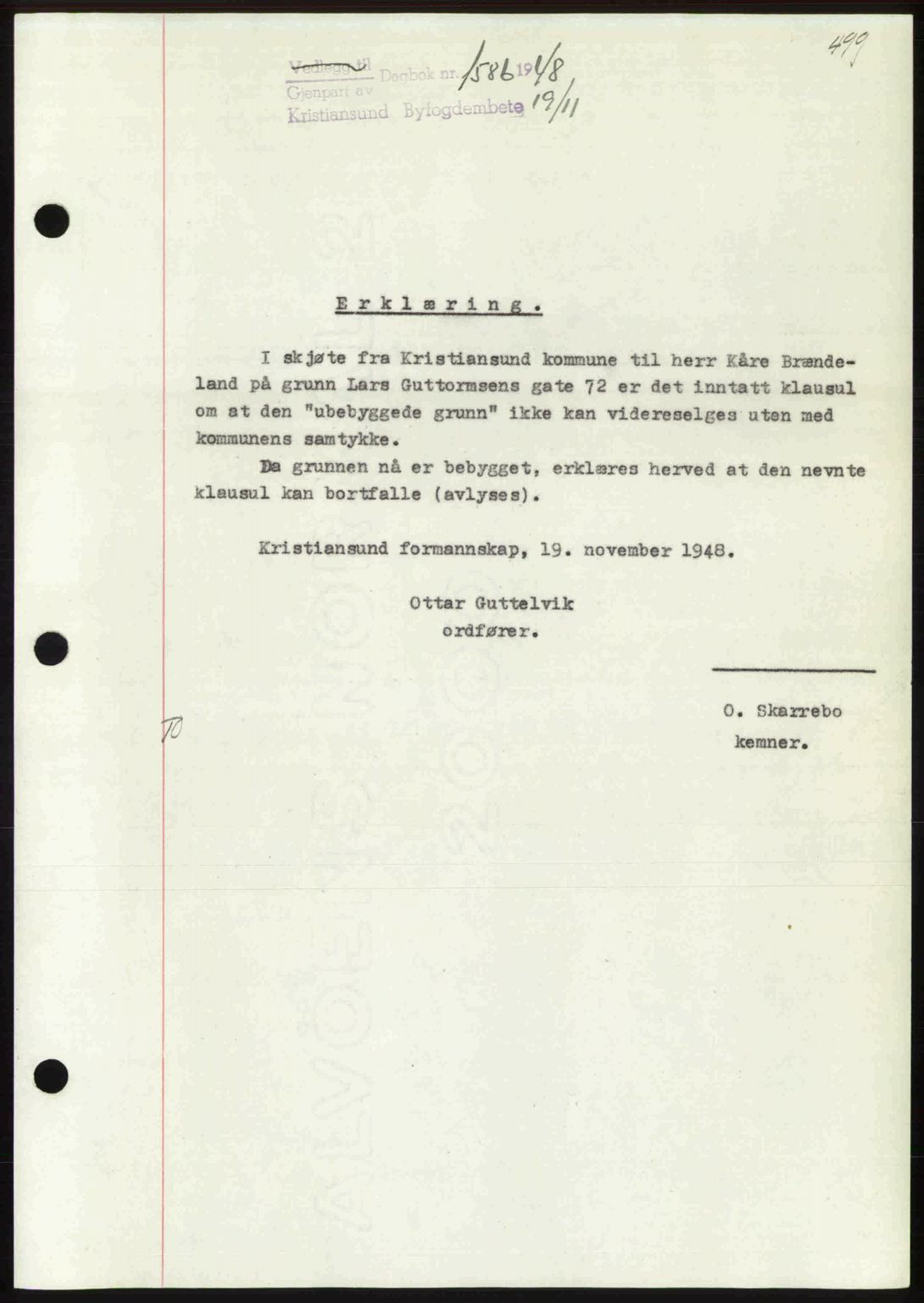 Kristiansund byfogd, AV/SAT-A-4587/A/27: Mortgage book no. 44, 1947-1948, Diary no: : 1586/1948