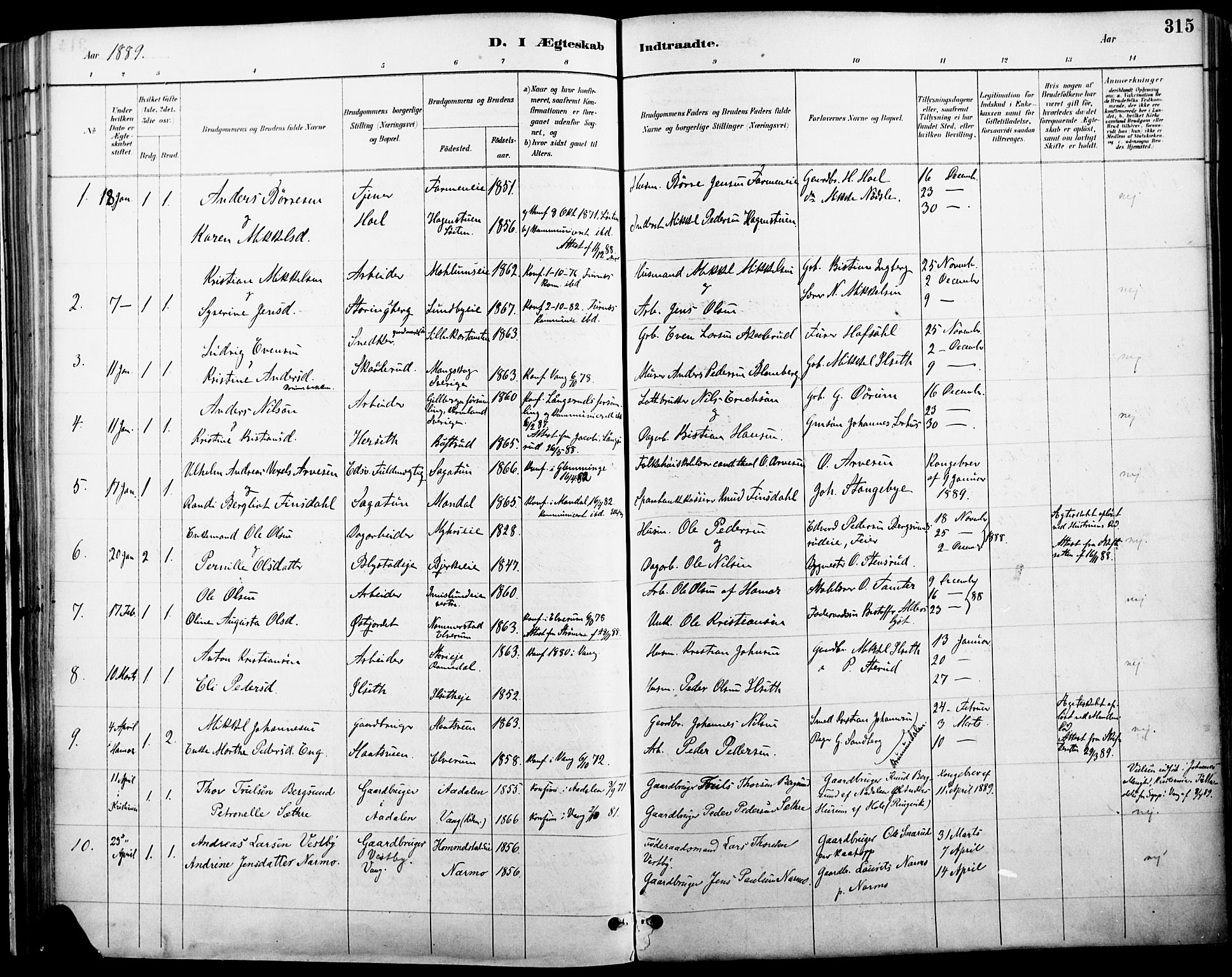 Vang prestekontor, Hedmark, SAH/PREST-008/H/Ha/Haa/L0019A: Parish register (official) no. 19, 1886-1900, p. 315