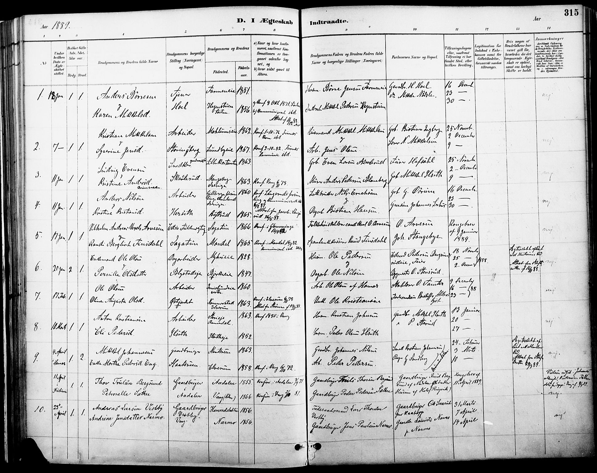 Vang prestekontor, Hedmark, AV/SAH-PREST-008/H/Ha/Haa/L0019A: Parish register (official) no. 19, 1886-1900, p. 315