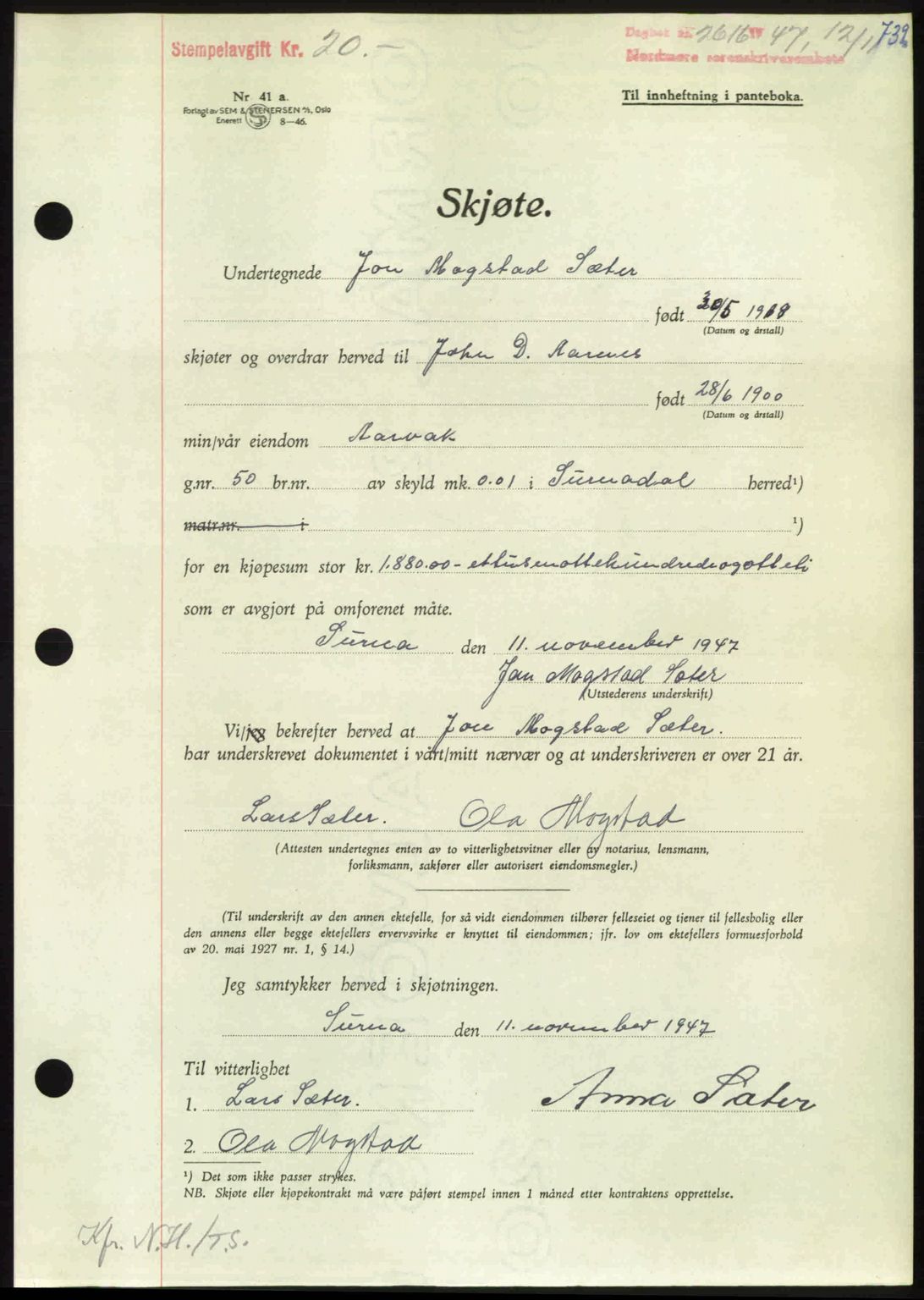 Nordmøre sorenskriveri, AV/SAT-A-4132/1/2/2Ca: Mortgage book no. A106, 1947-1947, Diary no: : 2616/1947