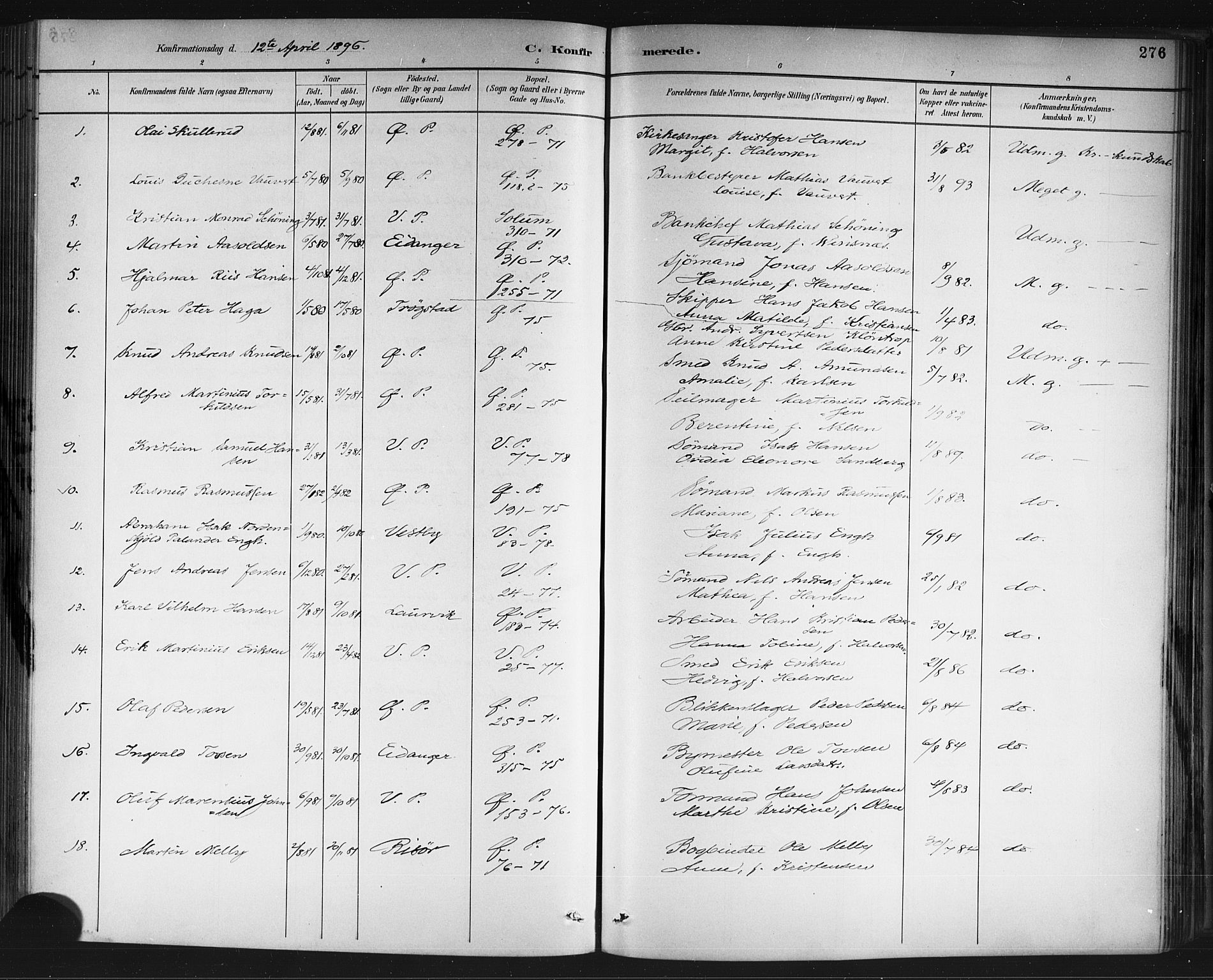 Porsgrunn kirkebøker , SAKO/A-104/G/Gb/L0005: Parish register (copy) no. II 5, 1883-1915, p. 276
