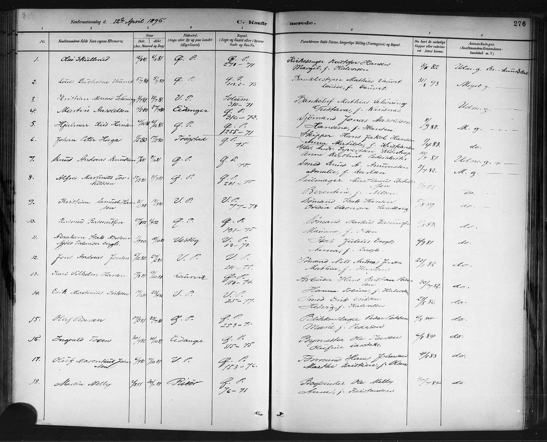 Porsgrunn kirkebøker , AV/SAKO-A-104/G/Gb/L0005: Parish register (copy) no. II 5, 1883-1915, p. 276