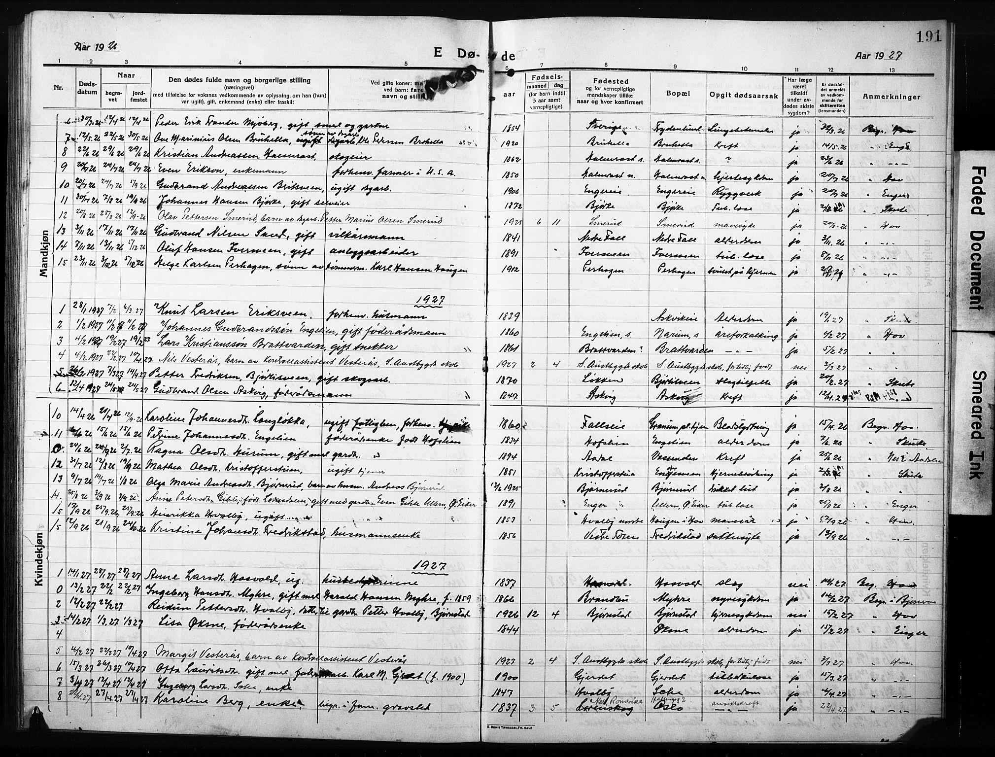Søndre Land prestekontor, AV/SAH-PREST-122/L/L0007: Parish register (copy) no. 7, 1915-1932, p. 191