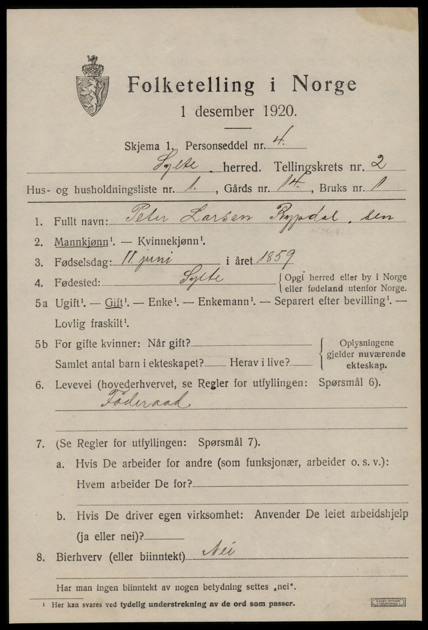 SAT, 1920 census for Sylte, 1920, p. 1187