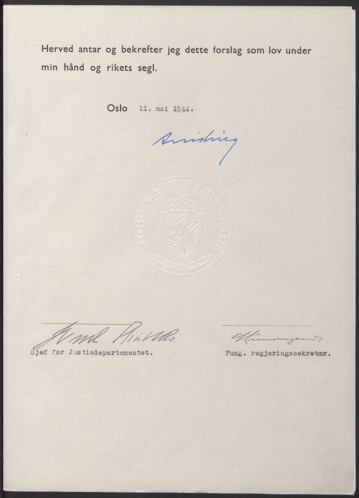 NS-administrasjonen 1940-1945 (Statsrådsekretariatet, de kommisariske statsråder mm), AV/RA-S-4279/D/Db/L0100: Lover, 1944, p. 230