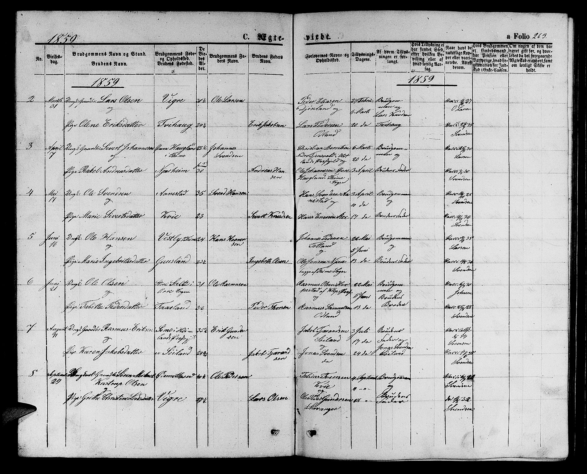 Hå sokneprestkontor, AV/SAST-A-101801/001/30BB/L0001: Parish register (copy) no. B 1, 1854-1883, p. 263