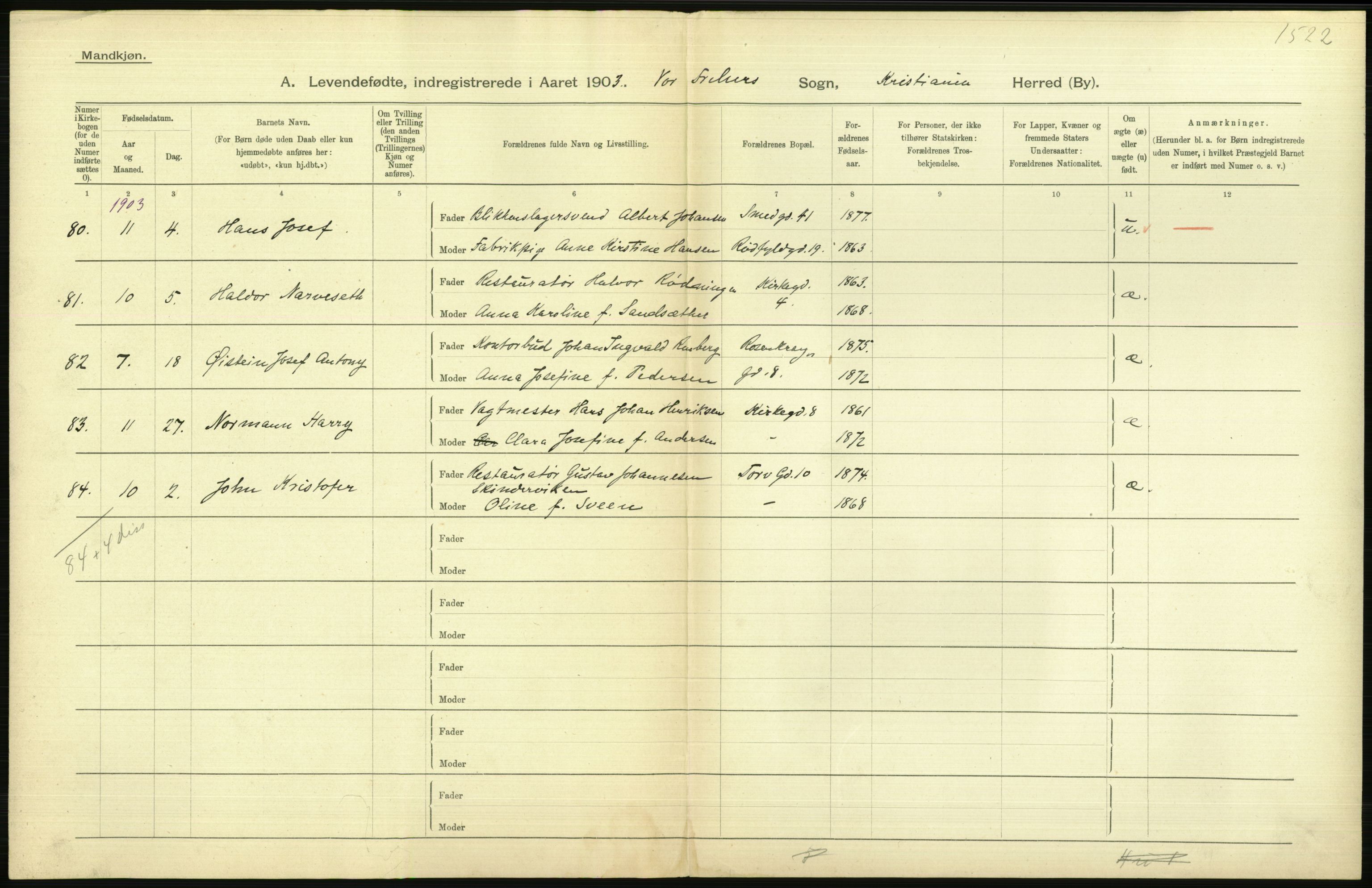 Statistisk sentralbyrå, Sosiodemografiske emner, Befolkning, AV/RA-S-2228/D/Df/Dfa/Dfaa/L0003: Kristiania: Fødte, 1903, p. 442