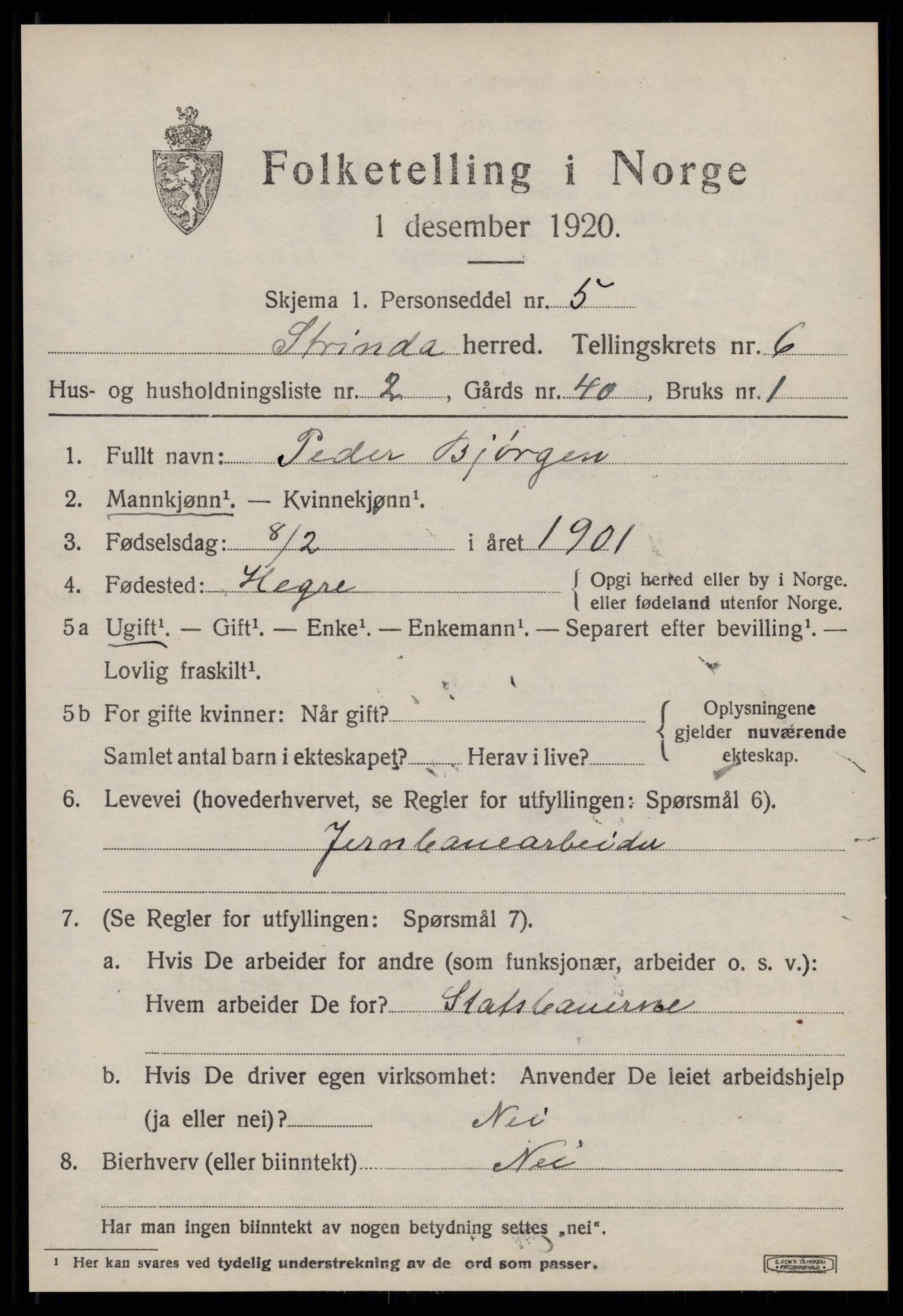 SAT, 1920 census for Strinda, 1920, p. 14464