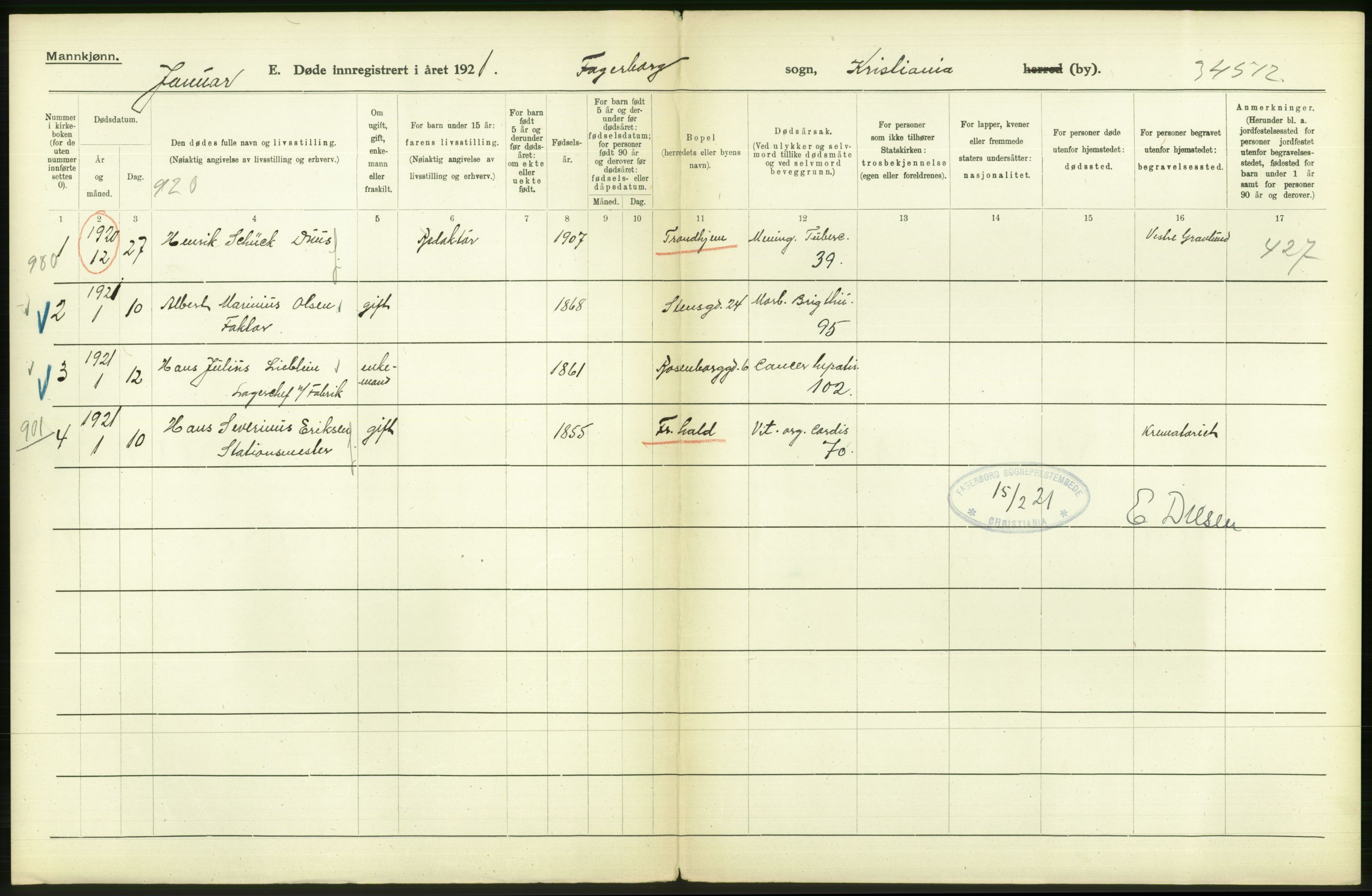 Statistisk sentralbyrå, Sosiodemografiske emner, Befolkning, AV/RA-S-2228/D/Df/Dfc/Dfca/L0012: Kristiania: Døde, 1921, p. 284