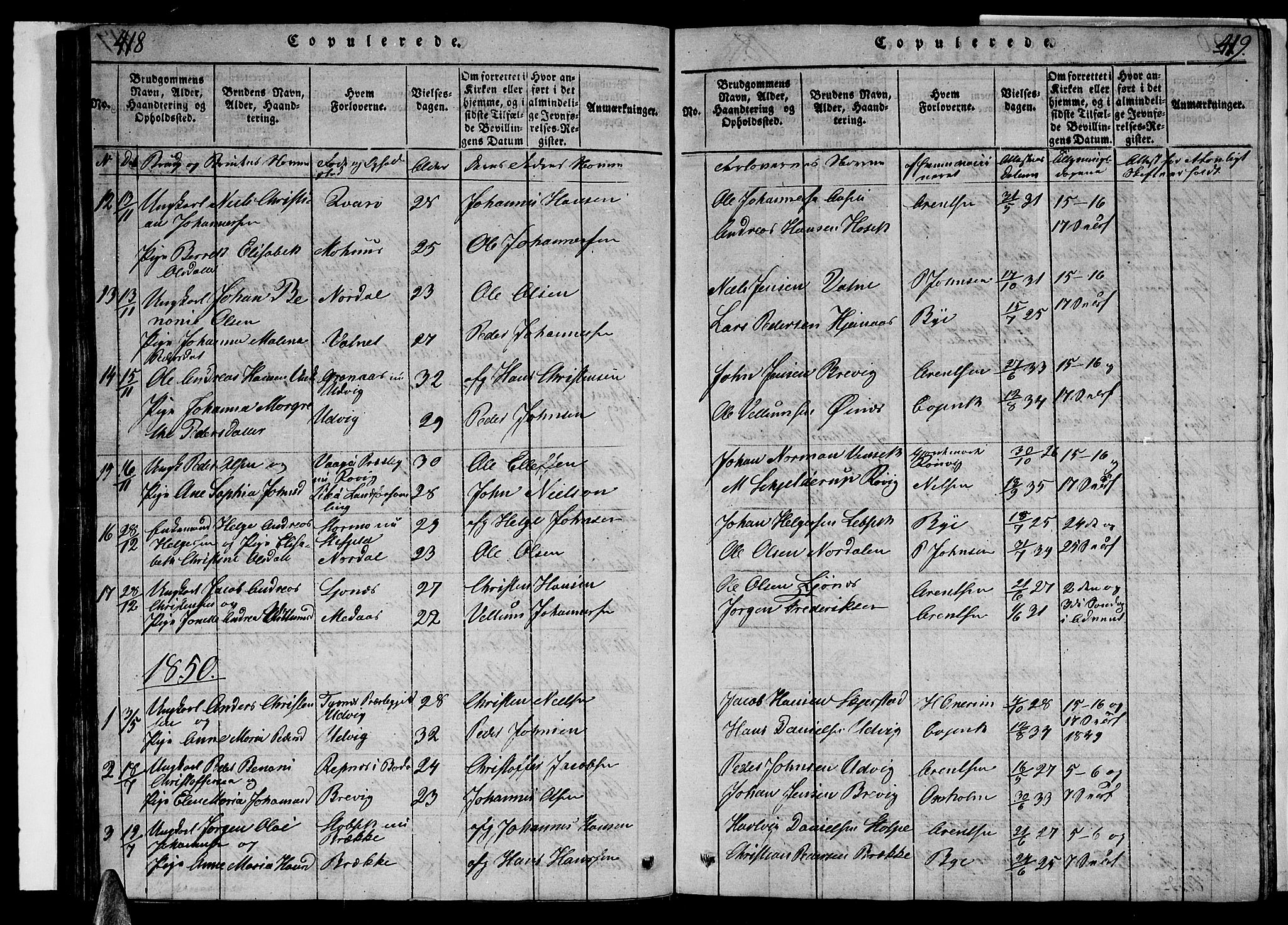 Ministerialprotokoller, klokkerbøker og fødselsregistre - Nordland, AV/SAT-A-1459/852/L0752: Parish register (copy) no. 852C03, 1840-1855, p. 418-419