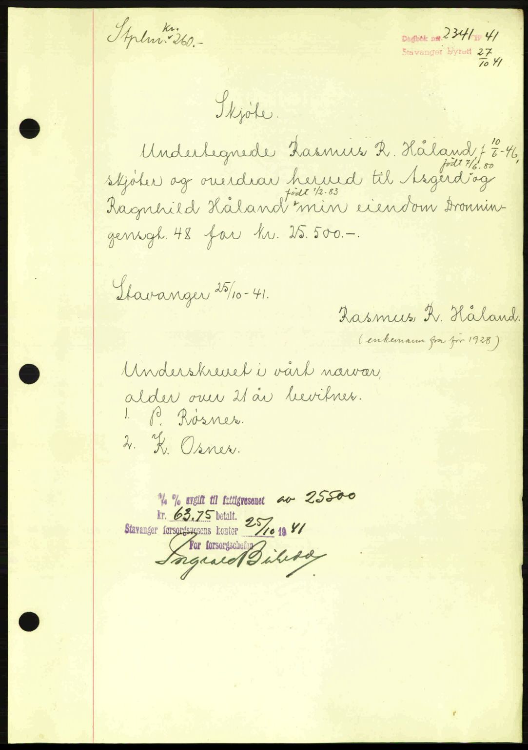 Stavanger byrett, SAST/A-100455/002/G/Gb/L0017: Mortgage book no. A7, 1941-1943, Diary no: : 2341/1941