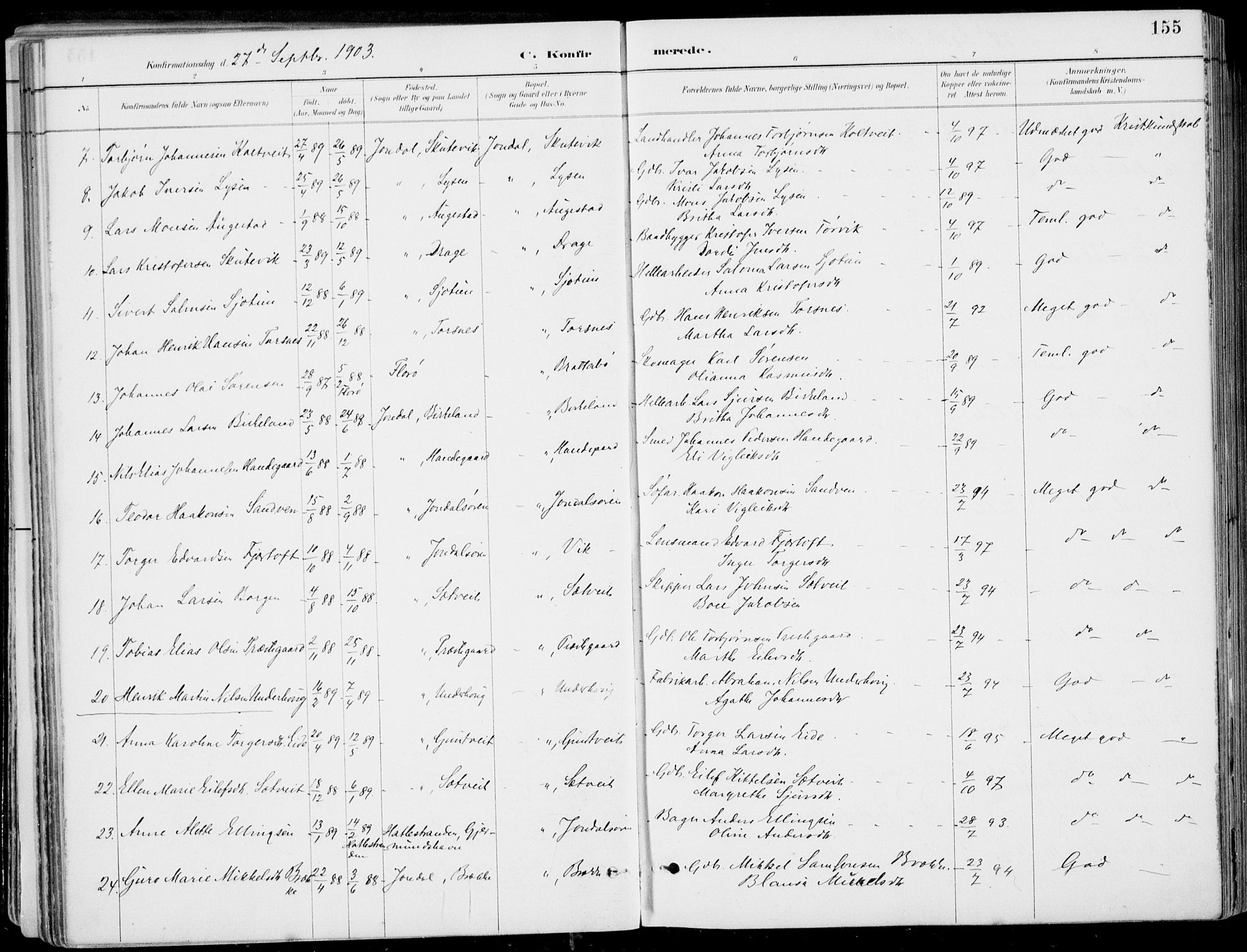 Strandebarm sokneprestembete, SAB/A-78401/H/Haa: Parish register (official) no. E  1, 1886-1908, p. 155