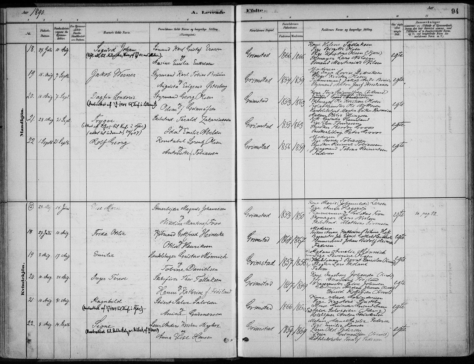 Grimstad sokneprestkontor, AV/SAK-1111-0017/F/Fa/L0003: Parish register (official) no. A 2, 1882-1912, p. 94