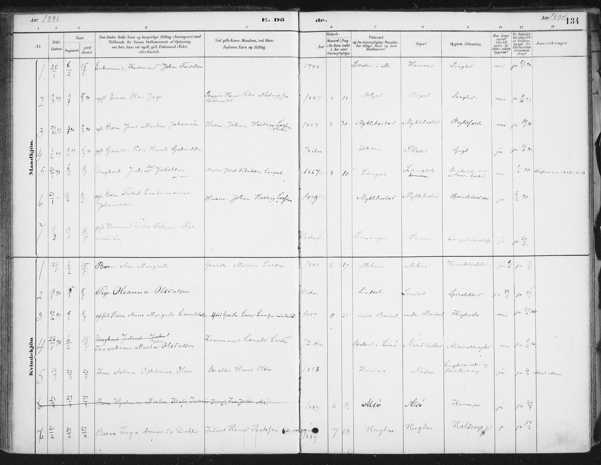 Ministerialprotokoller, klokkerbøker og fødselsregistre - Nordland, AV/SAT-A-1459/838/L0553: Parish register (official) no. 838A11, 1880-1910, p. 134