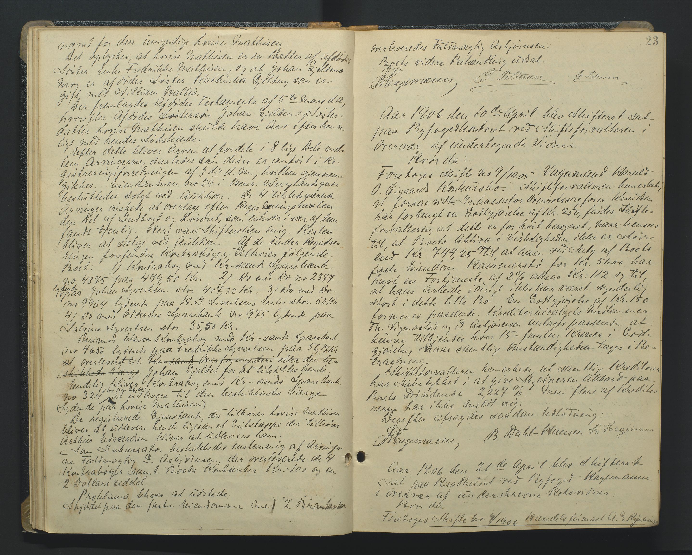 Kristiansand byrett, AV/SAK-1223-0001/H/Hc/L0048: Skifteforhandlingsprotokoll nr. 8, med register, 1905-1913, p. 23